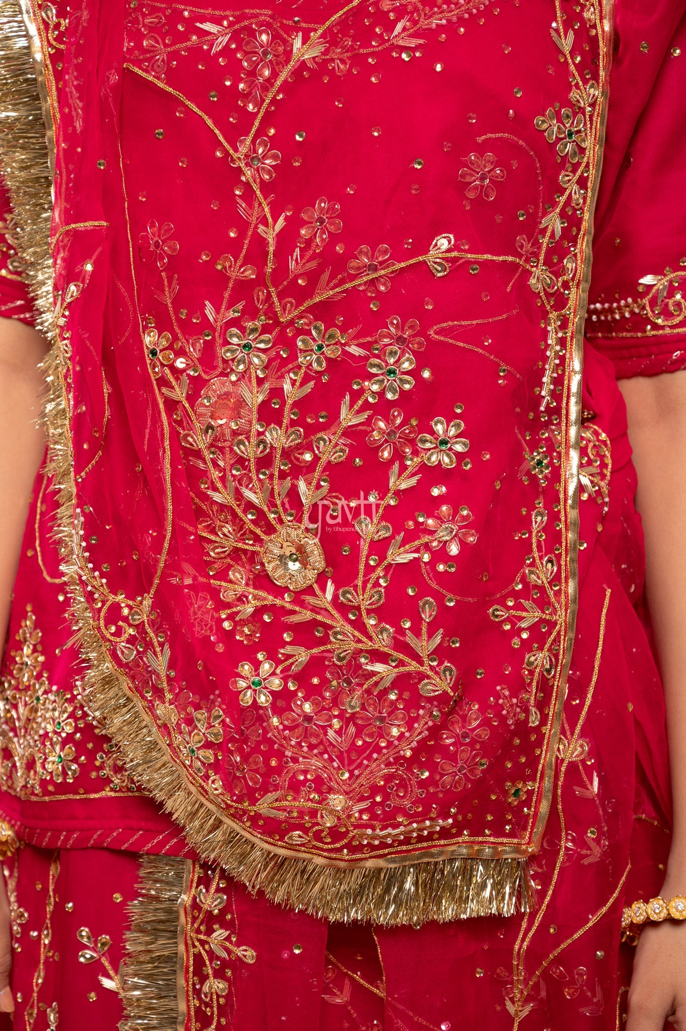 Rani Pure Georgette Kundan Kardana Zardozi Handwork Poshak with Pure Odhana (unstitched)