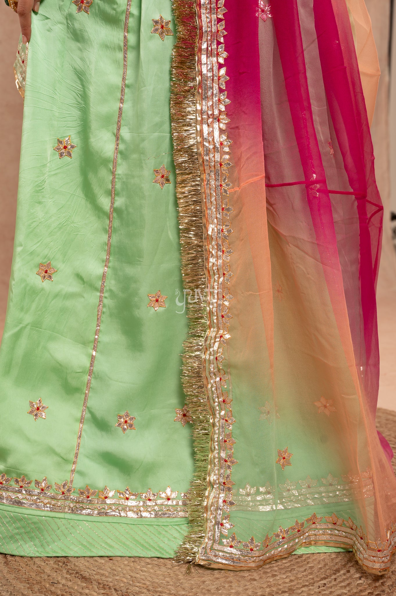 Pista Green Bamber Satin Gotta Patti Dhora work Poshak with Pure Odhana (unstitched)