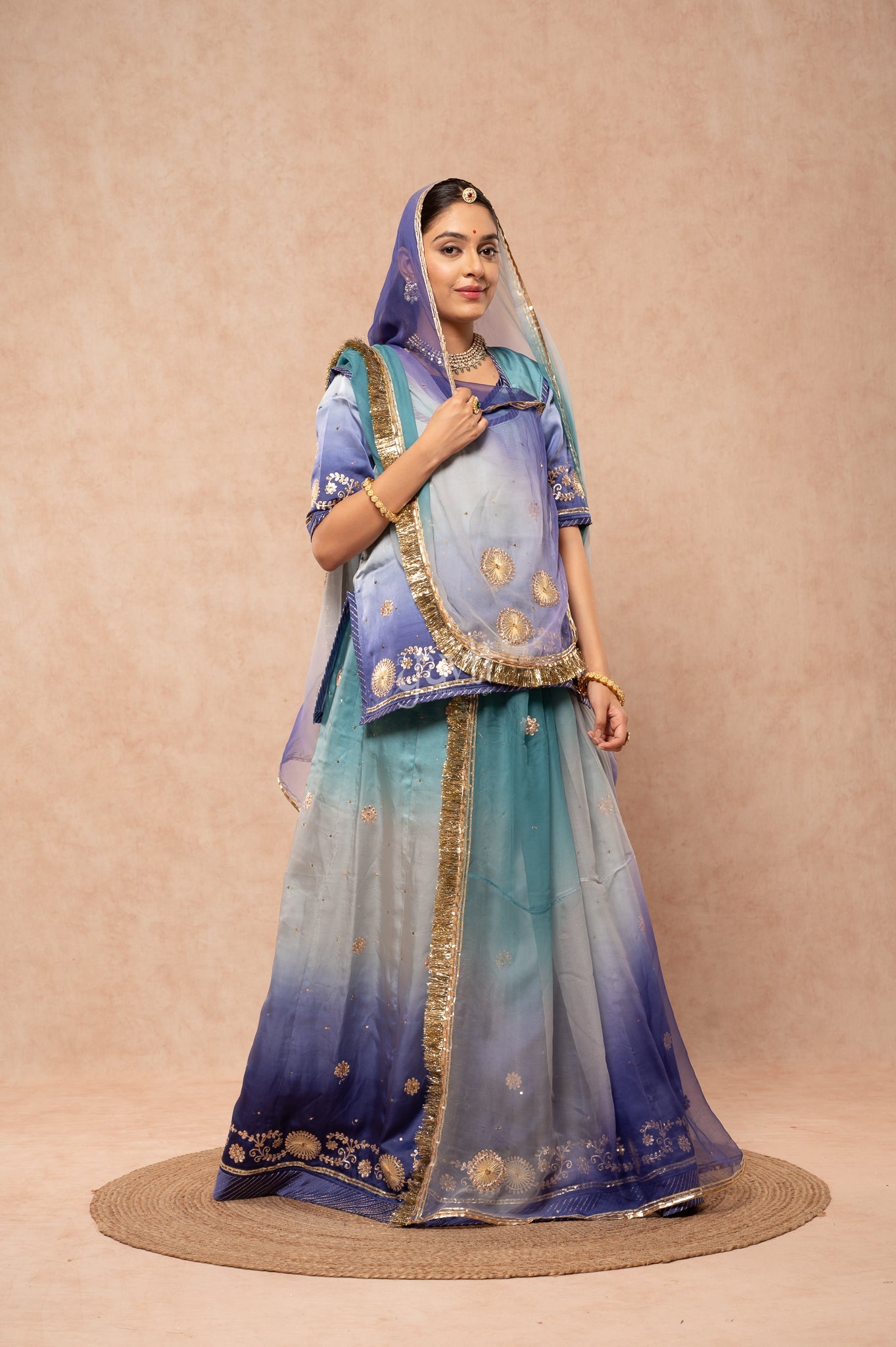 Purple- Grey Shaded Bamber Satin Sikhiya Gotta Zari Pitan Sequins Poshak with Pure Multi Colour Odhana (unstitched)