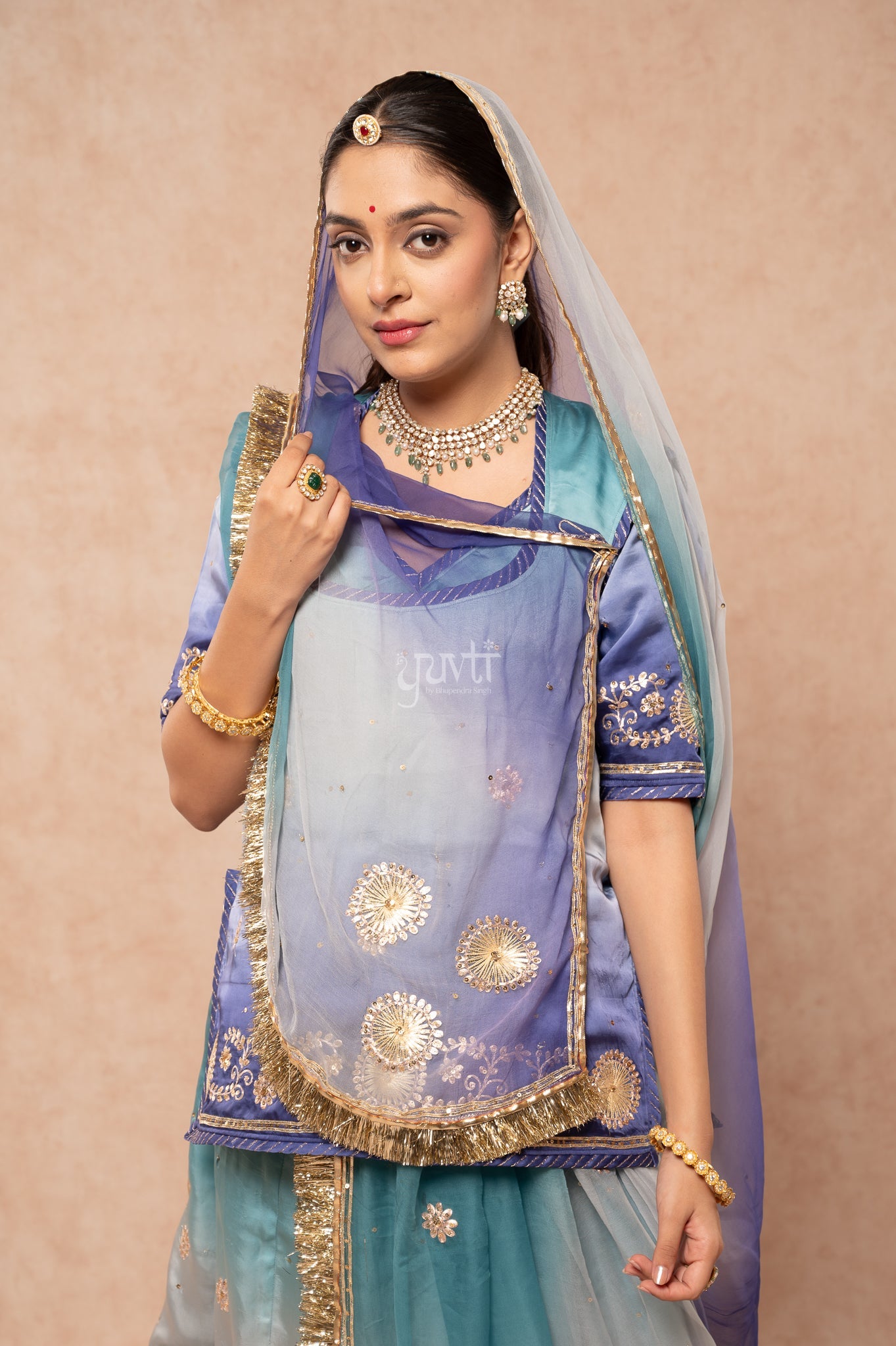 Purple- Grey Shaded Bamber Satin Sikhiya Gotta Zari Pitan Sequins Poshak with Pure Multi Colour Odhana (unstitched)