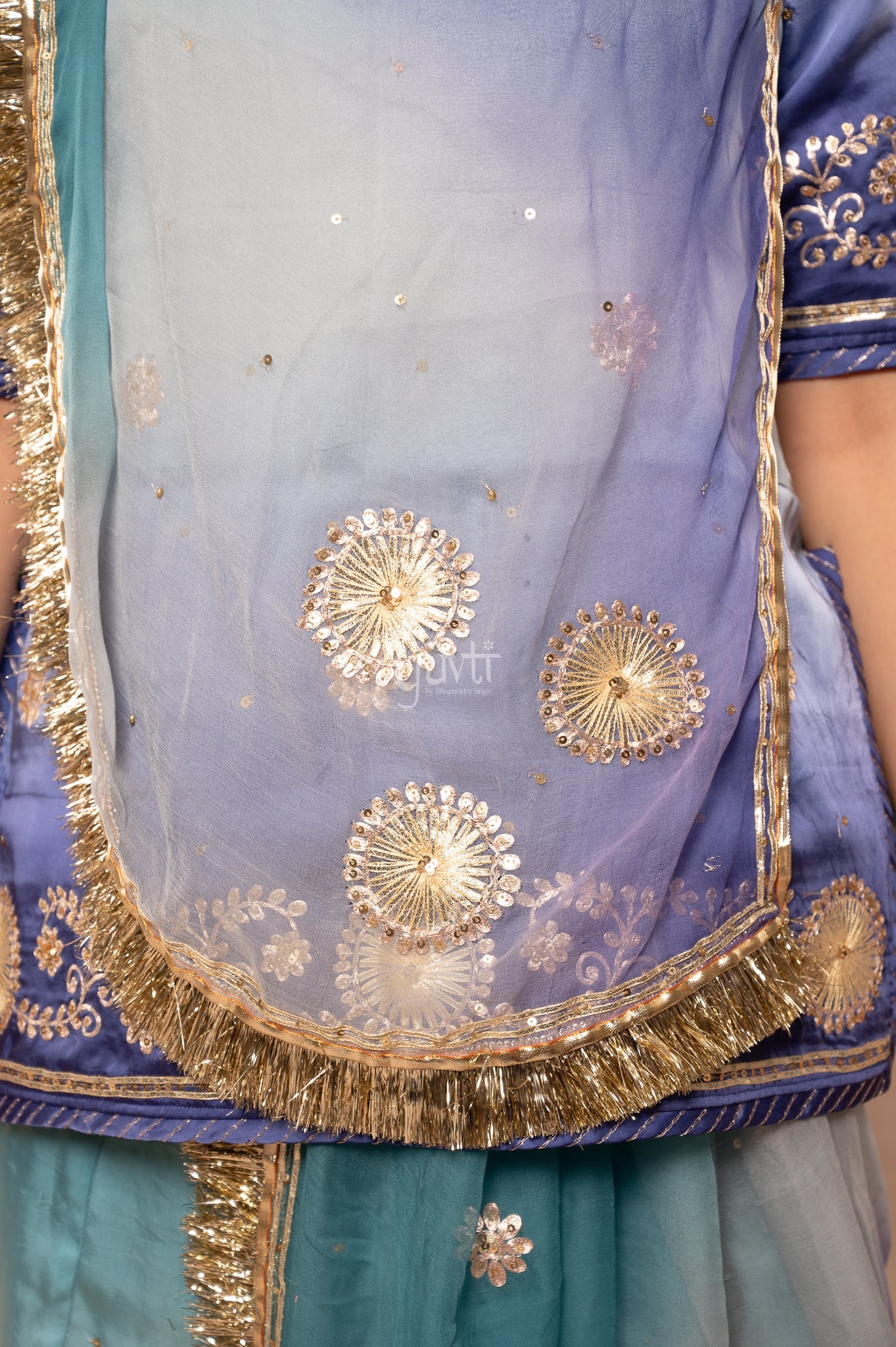 Purple- Grey Shaded Bamber Satin Sikhiya Gotta Zari Pitan Sequins Poshak with Pure Multi Colour Odhana (unstitched)