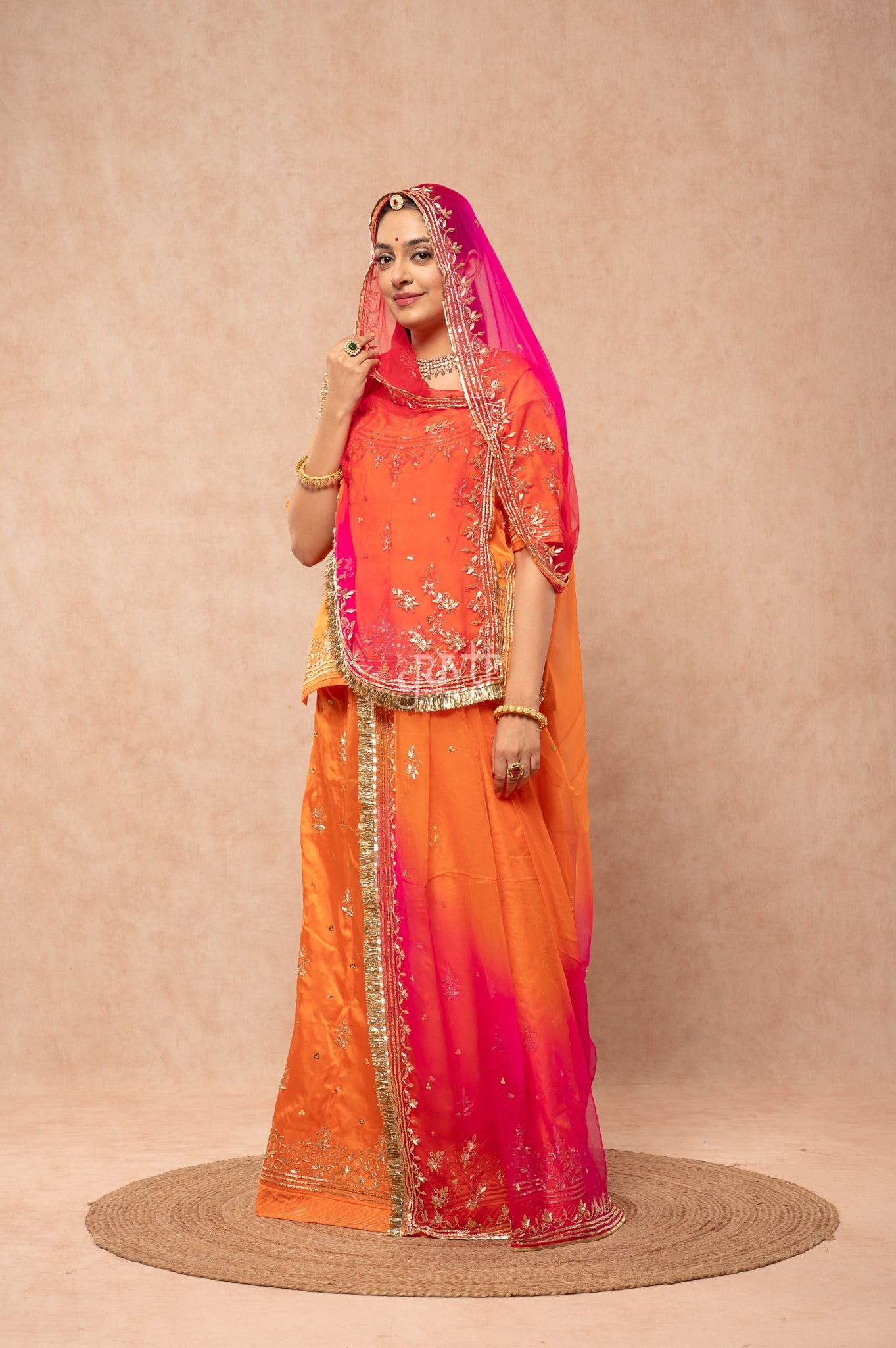 Orange Bamber Satin Zardozi Sequins Handwork Poshak with Pure Multi Shaded Odhana (unstitched)