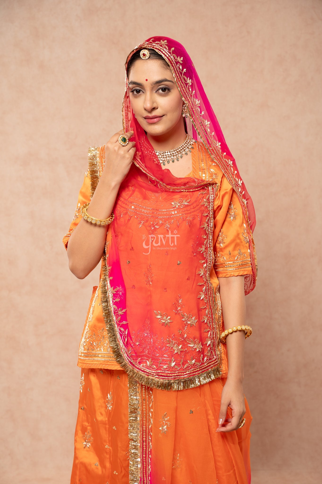Orange Bamber Satin Zardozi Sequins Handwork Poshak with Pure Multi Shaded Odhana (unstitched)