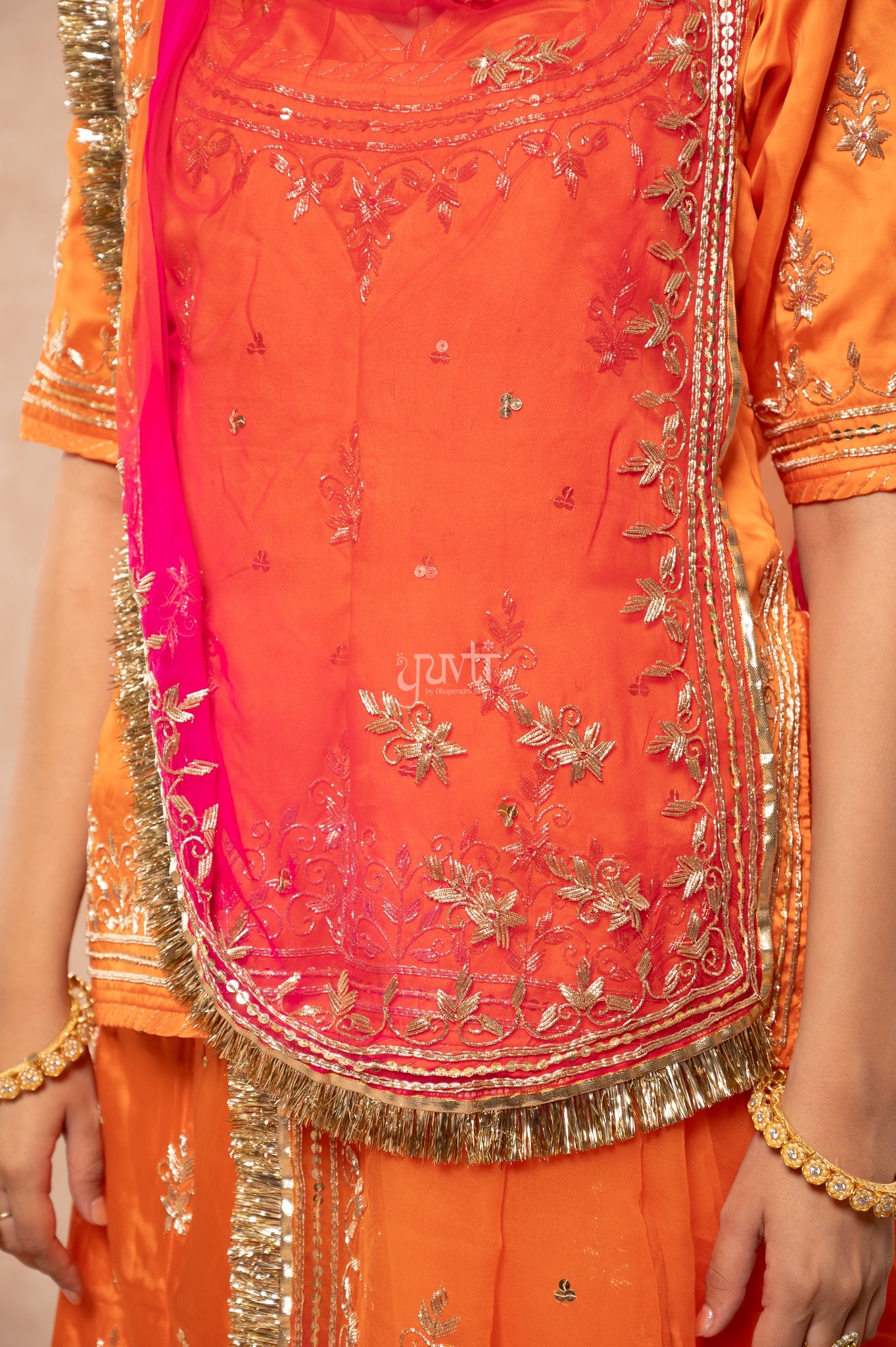 Orange Bamber Satin Zardozi Sequins Handwork Poshak with Pure Multi Shaded Odhana (unstitched)