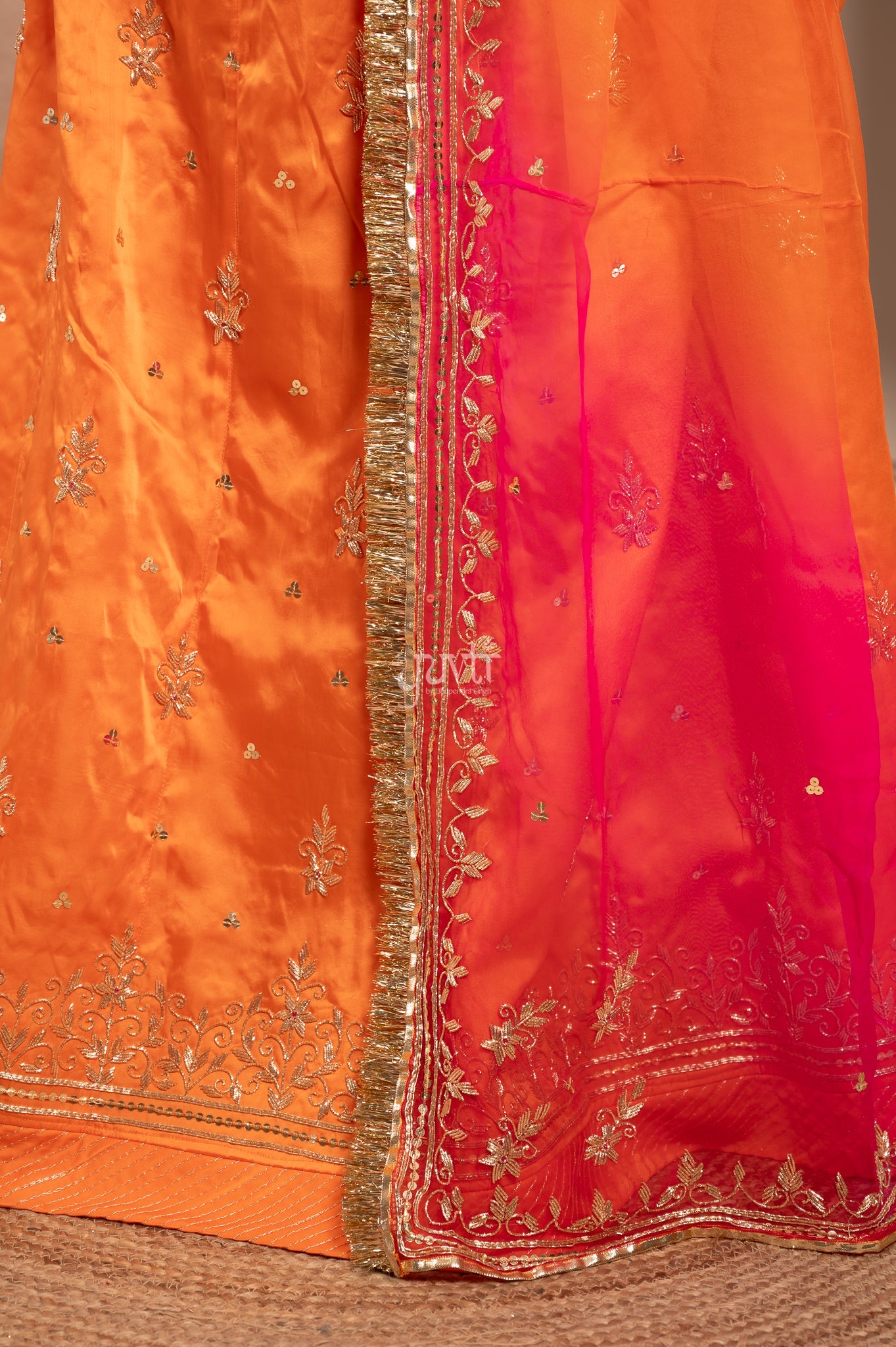 Orange Bamber Satin Zardozi Sequins Handwork Poshak with Pure Multi Shaded Odhana (unstitched)
