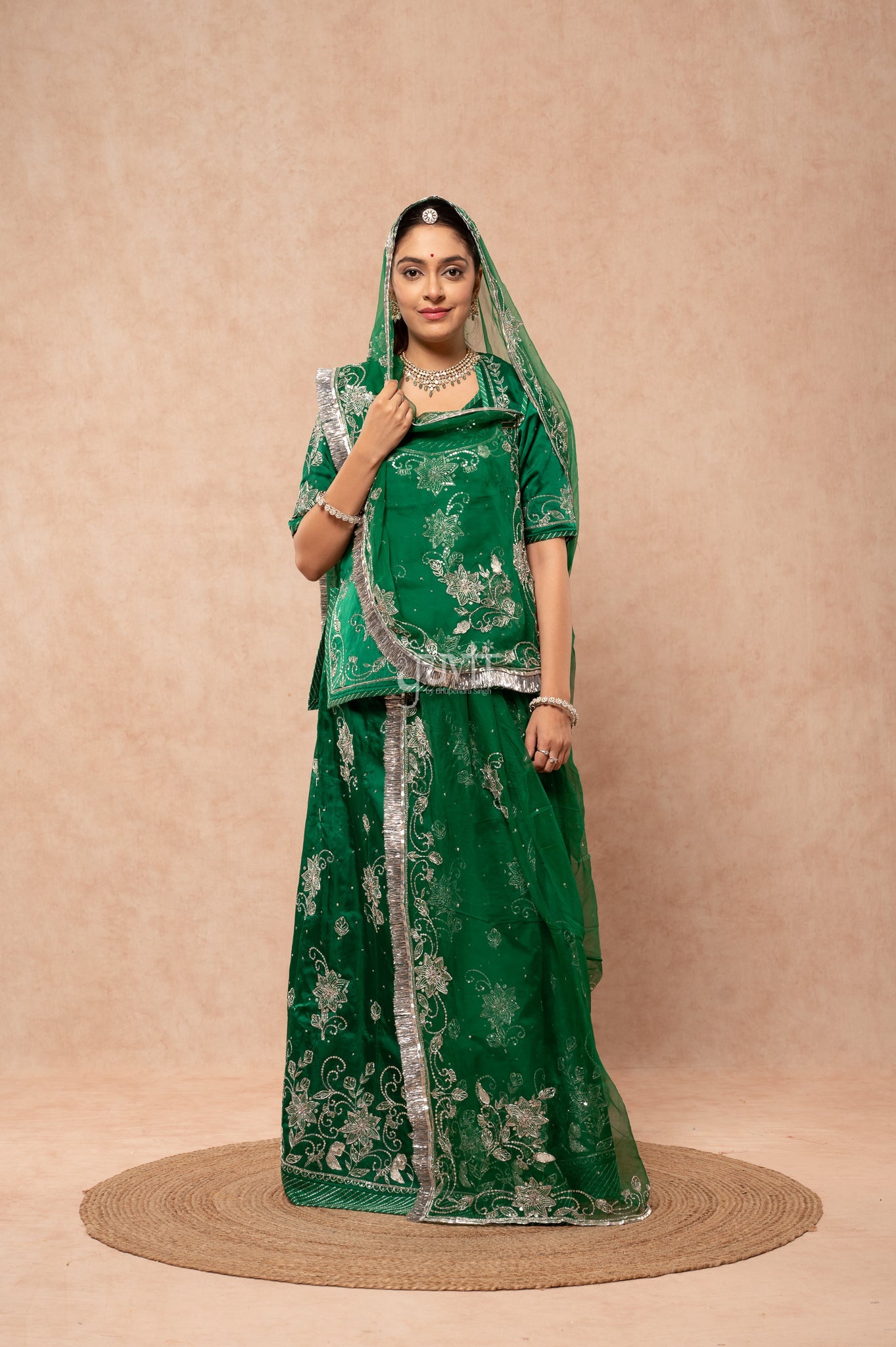 Bottle Green Bamber Satin Aari Zardozi Sequins Handwork Poshak with Pure Odhana (unstitched)