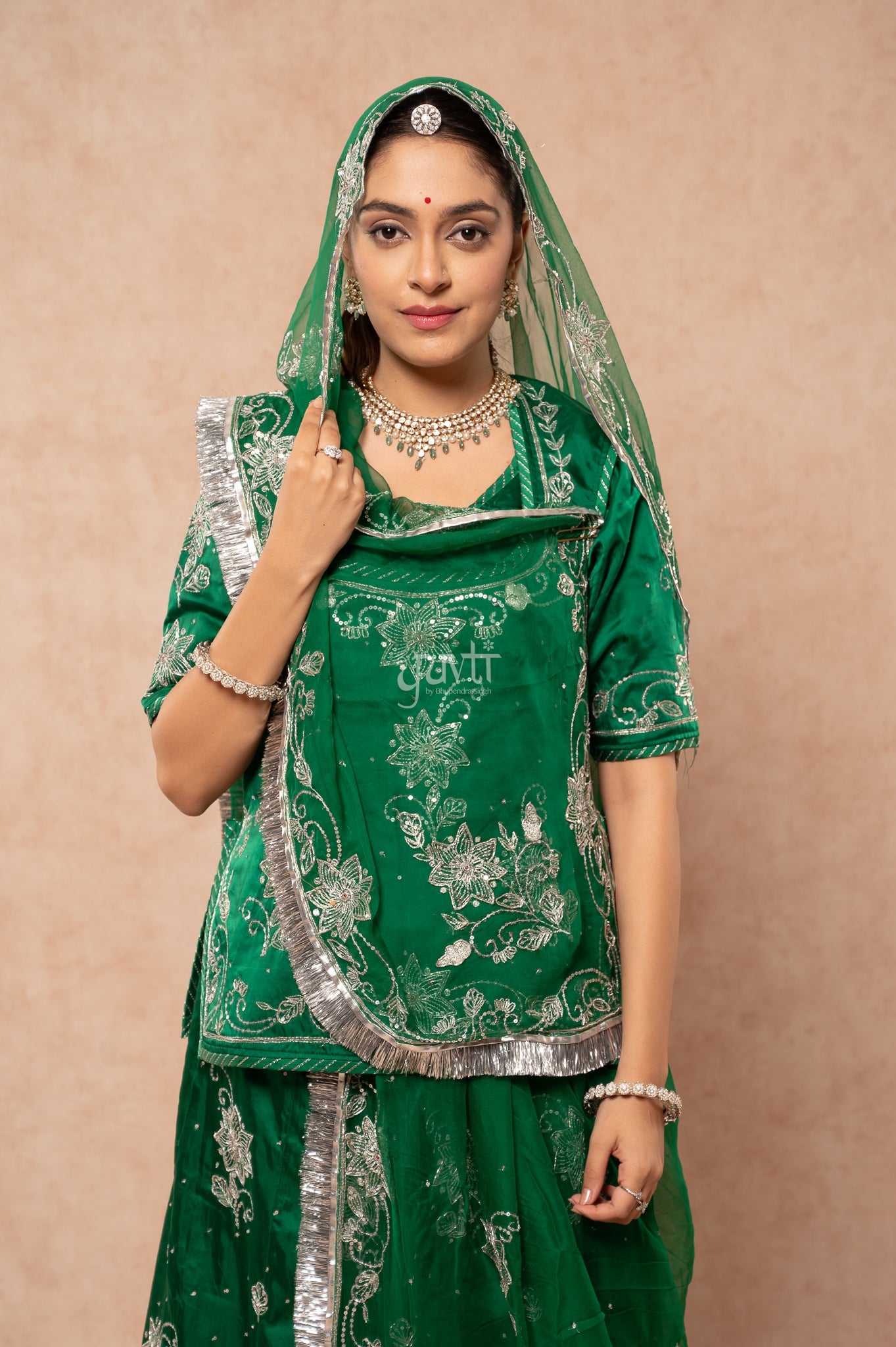 Bottle Green Bamber Satin Aari Zardozi Sequins Handwork Poshak with Pure Odhana (unstitched)