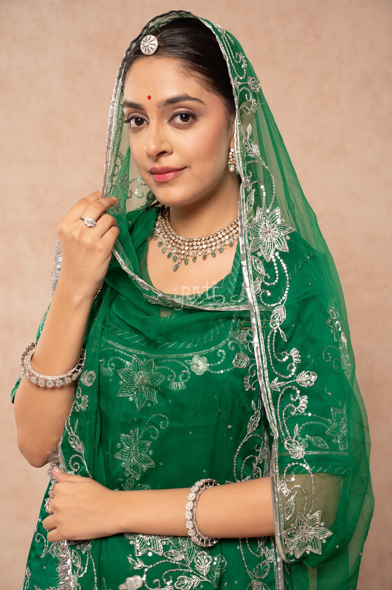 Bottle Green Bamber Satin Aari Zardozi Sequins Handwork Poshak with Pure Odhana (unstitched)