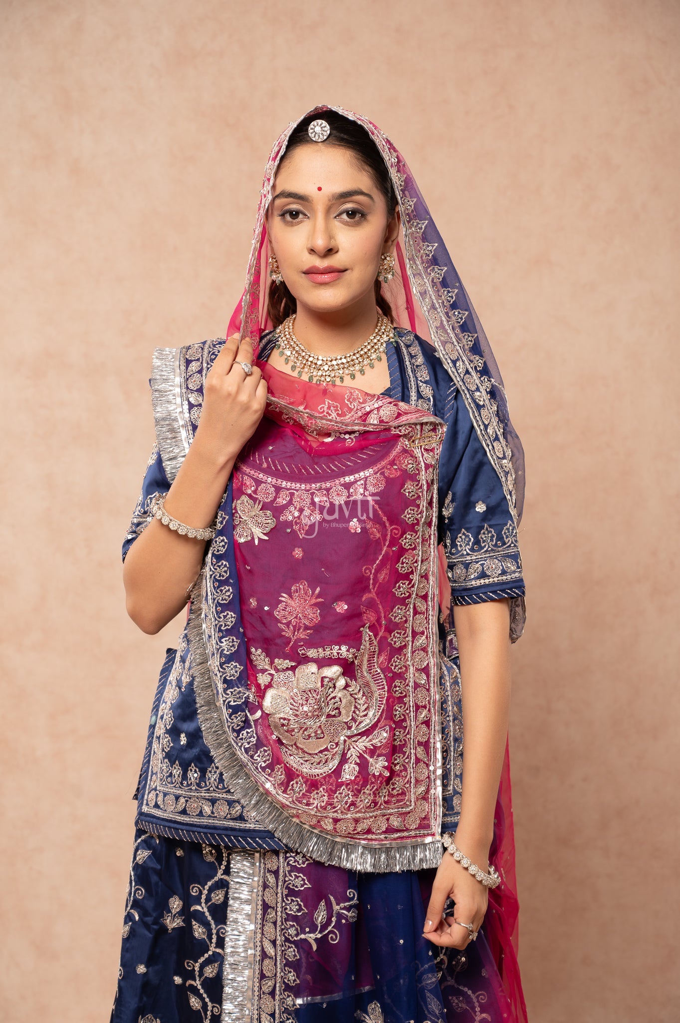 Navy Blue Bamber Satin Aari Sequins Zardozi Handwork Poshak with Pure Multi Odhana (unstitched)