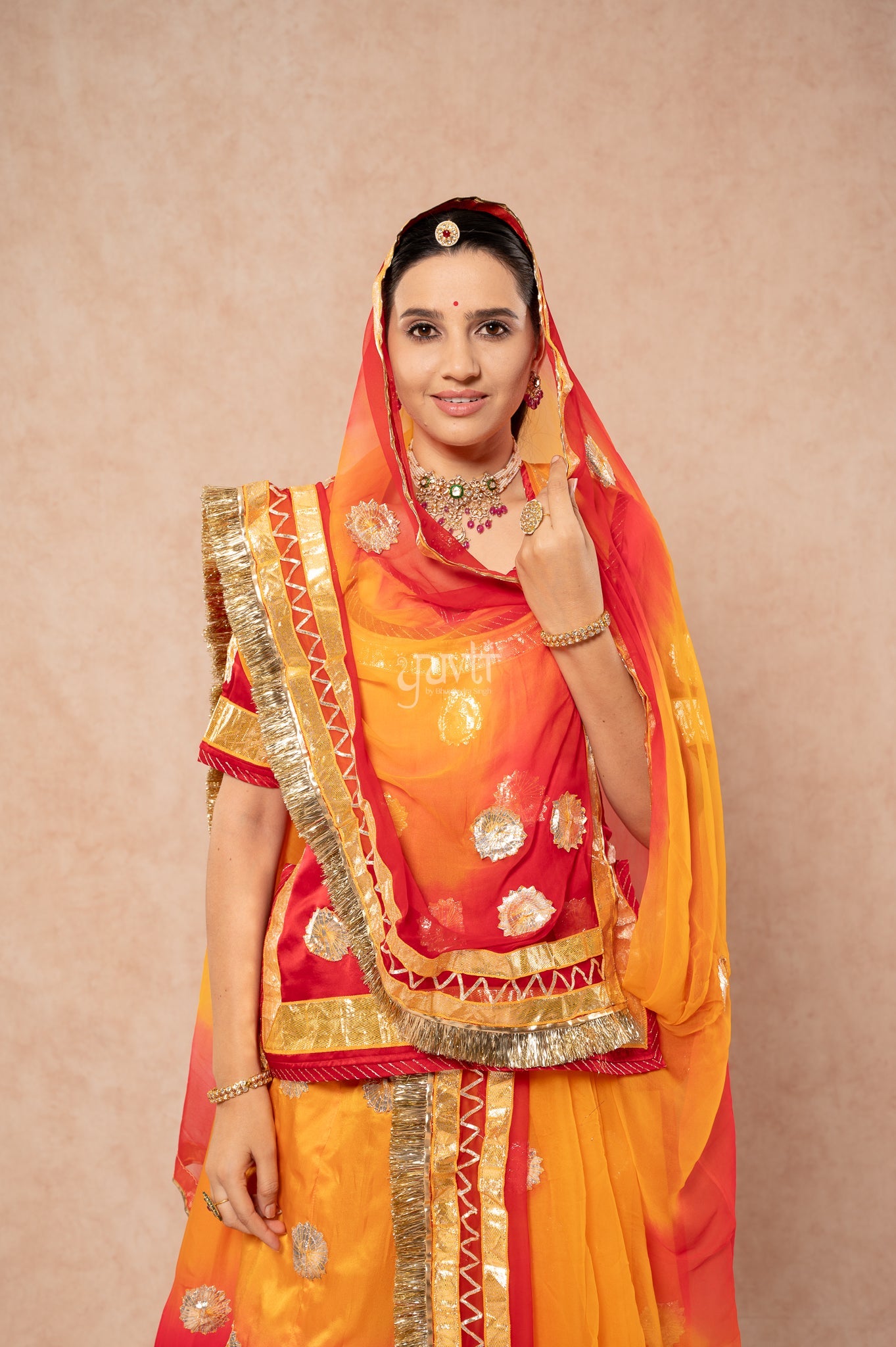 Red Orange Bamber Satin Laffa Champa Flower Handwork Poshak with Pure Shaded Odhana (unstitched)