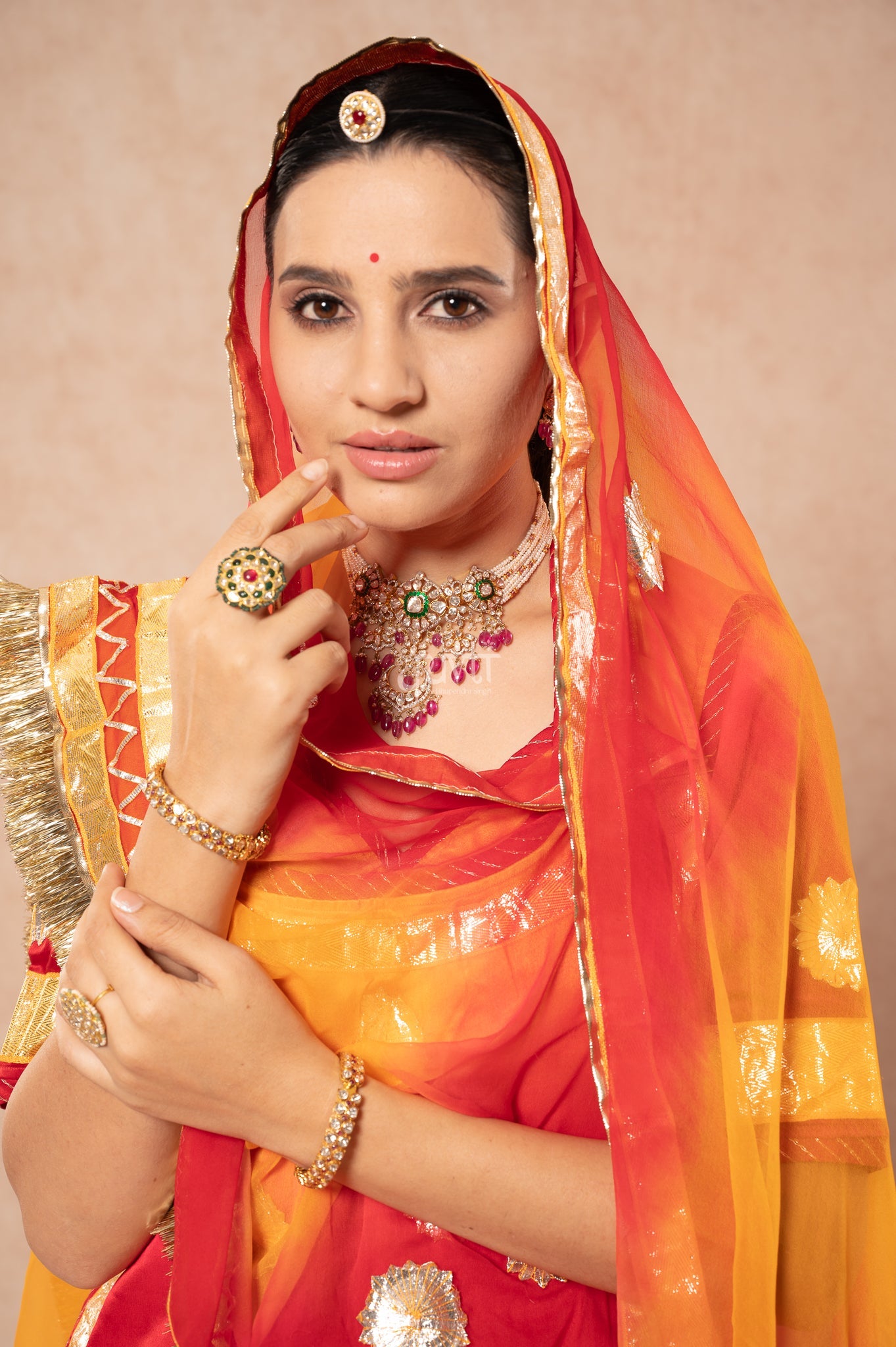 Red Orange Bamber Satin Laffa Champa Flower Handwork Poshak with Pure Shaded Odhana (unstitched)