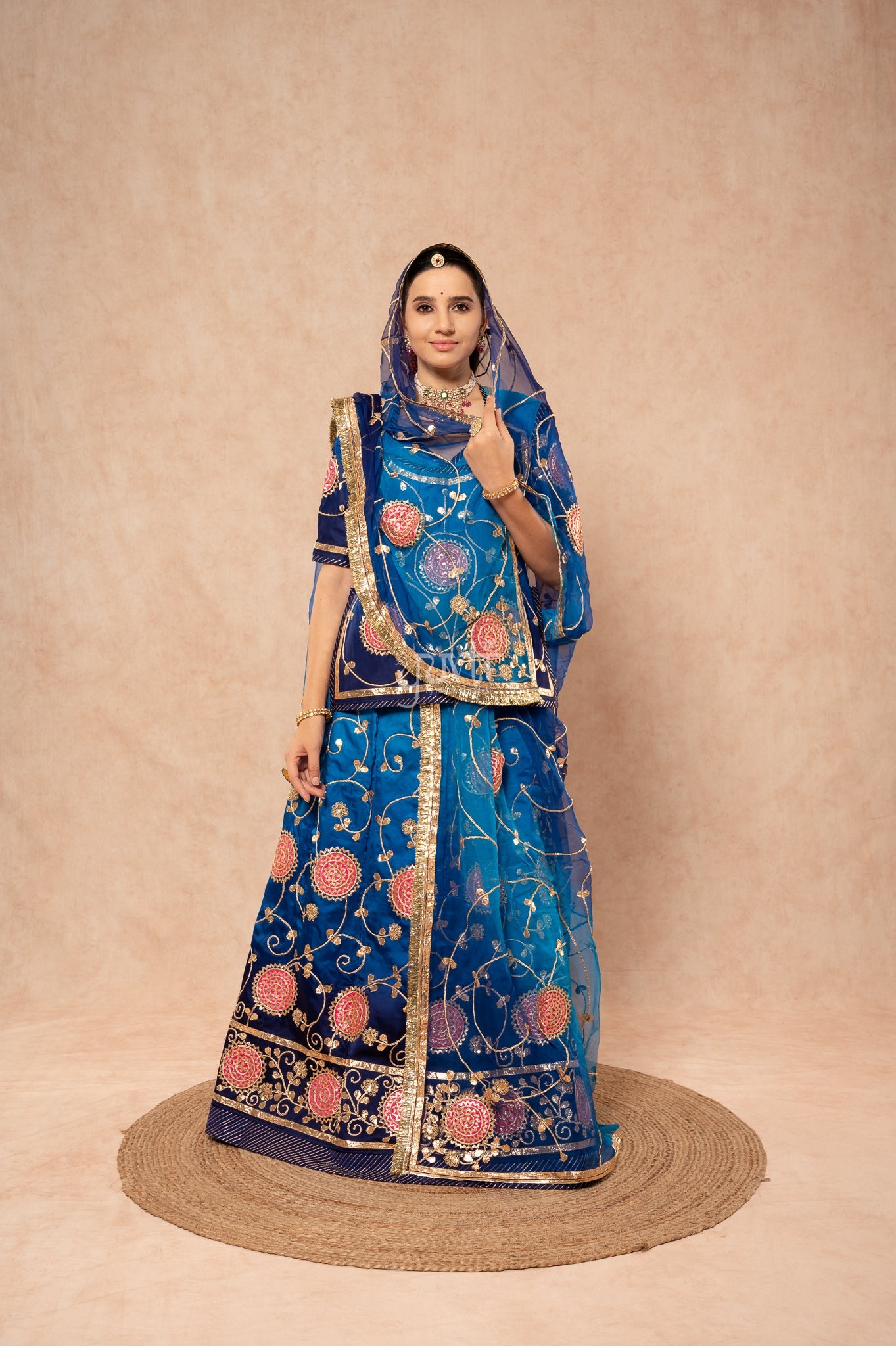 Navy Blue Shaded Bamber Satin Sikhiya Gotta Patti Sequins Dhora Handwork Poshak with Pure Shaded Odhana (unstitched)