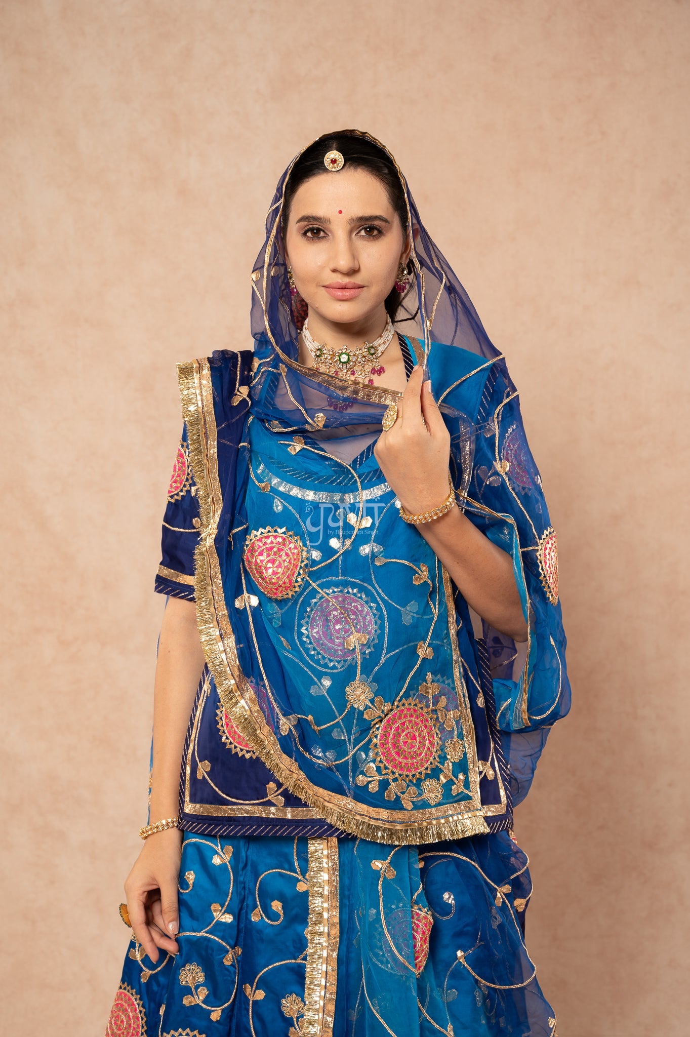 Navy Blue Shaded Bamber Satin Sikhiya Gotta Patti Sequins Dhora Handwork Poshak with Pure Shaded Odhana (unstitched)