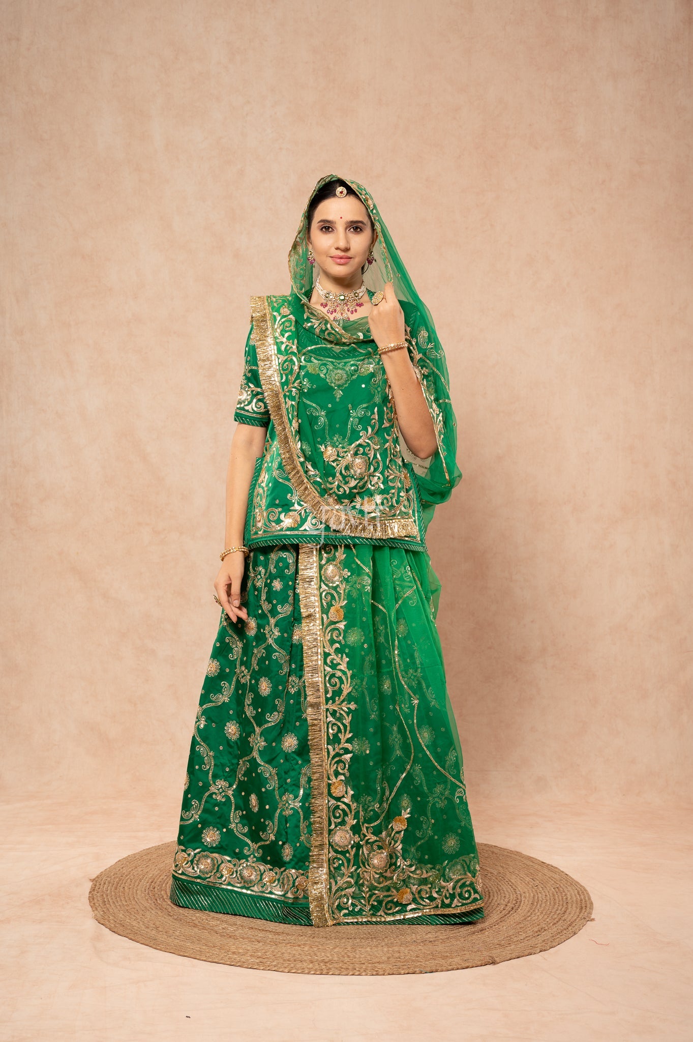 Green Bamber Satin Aari Sequins Zardozi Handwork Poshak with Pure Odhana (unstitched)
