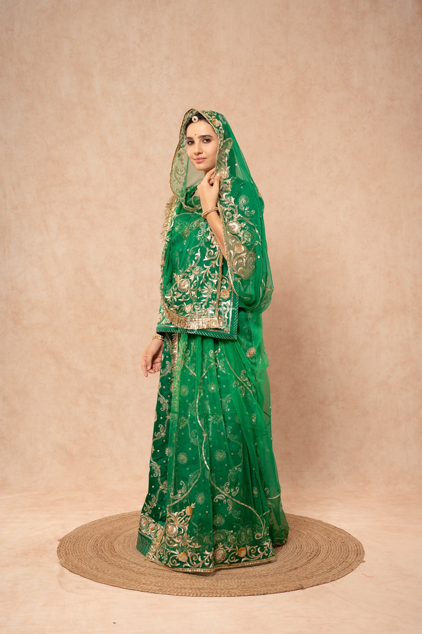 Green Bamber Satin Aari Sequins Zardozi Handwork Poshak with Pure Odhana (unstitched)
