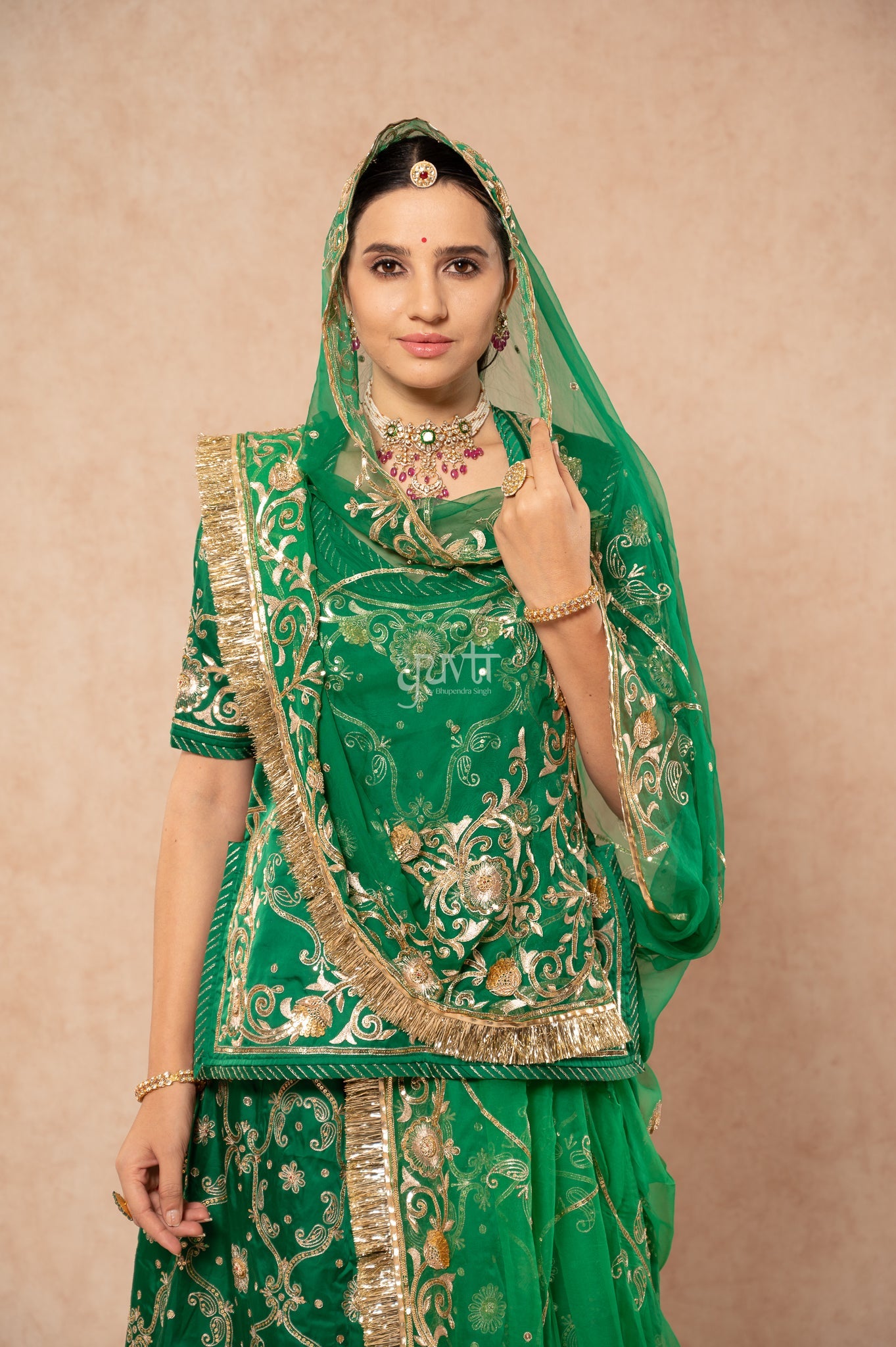 Green Bamber Satin Aari Sequins Zardozi Handwork Poshak with Pure Odhana (unstitched)