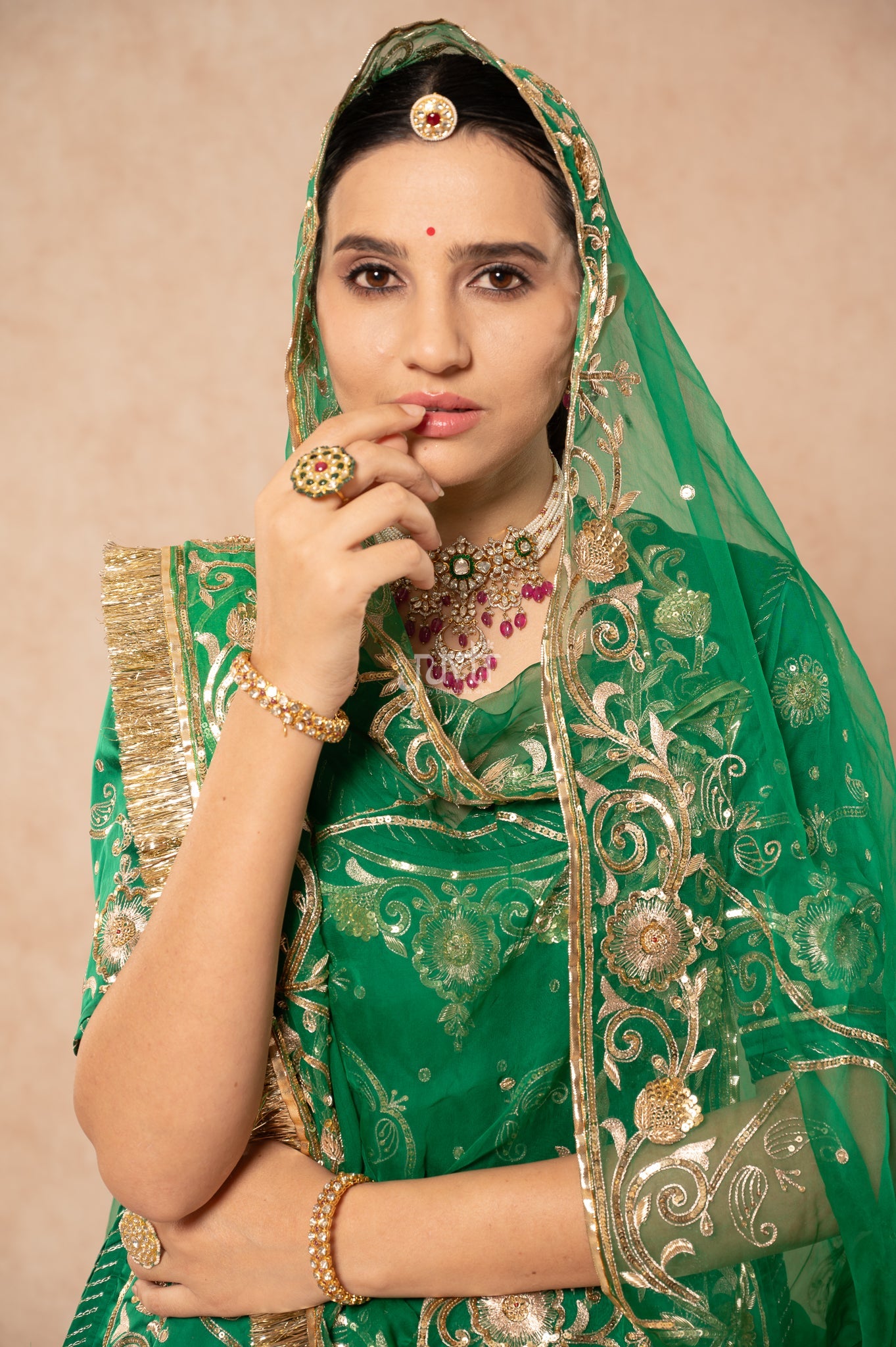 Green Bamber Satin Aari Sequins Zardozi Handwork Poshak with Pure Odhana (unstitched)