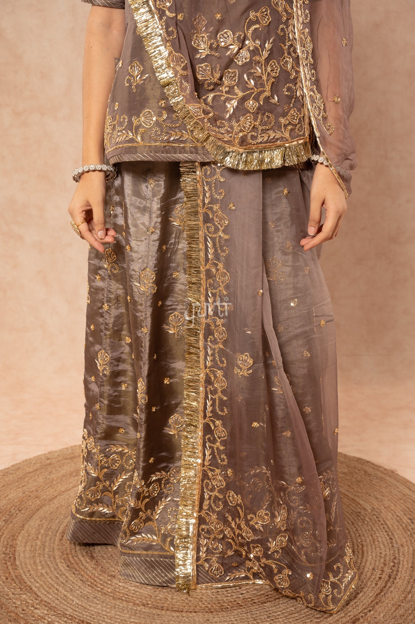 Grey Tissue Zardozi Sequins Handwork Poshak with Pure Odhana (unstitched)