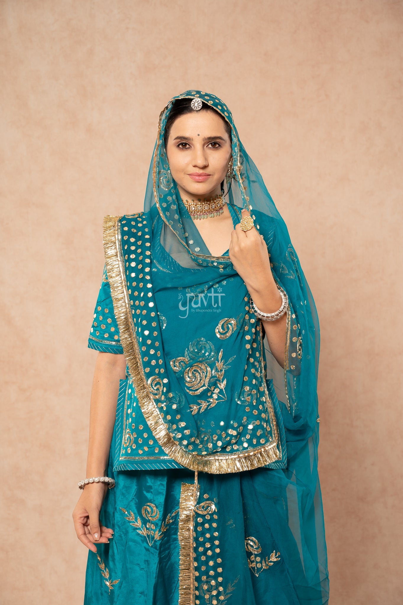 Rama Green Crepe Badla Pita Sequins Handwork Poshak with Pure Odhana (unstitched)