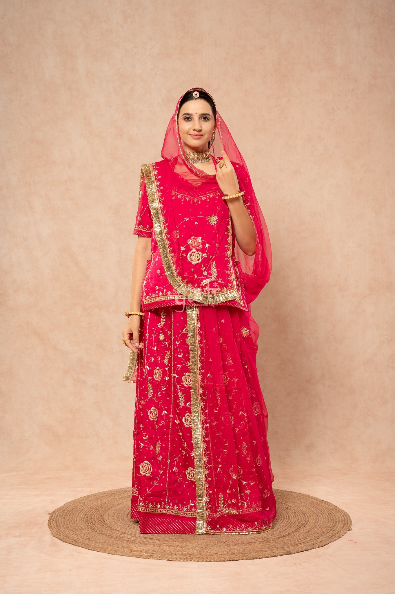 Rani Bamber Satin Zardozi Sequins Handwork Poshak with Pure Odhana (unstitched)