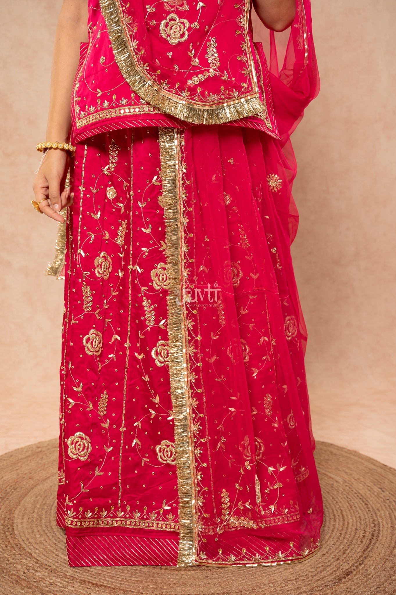 Rani Bamber Satin Zardozi Sequins Handwork Poshak with Pure Odhana (unstitched)