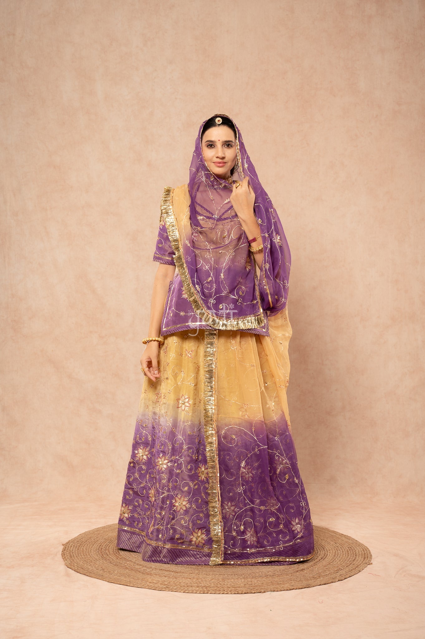 Lavender - Beige Pure Tissue Aari Zardozi Sequins Handwork Poshak with Pure Shaded Odhana (unstitched)