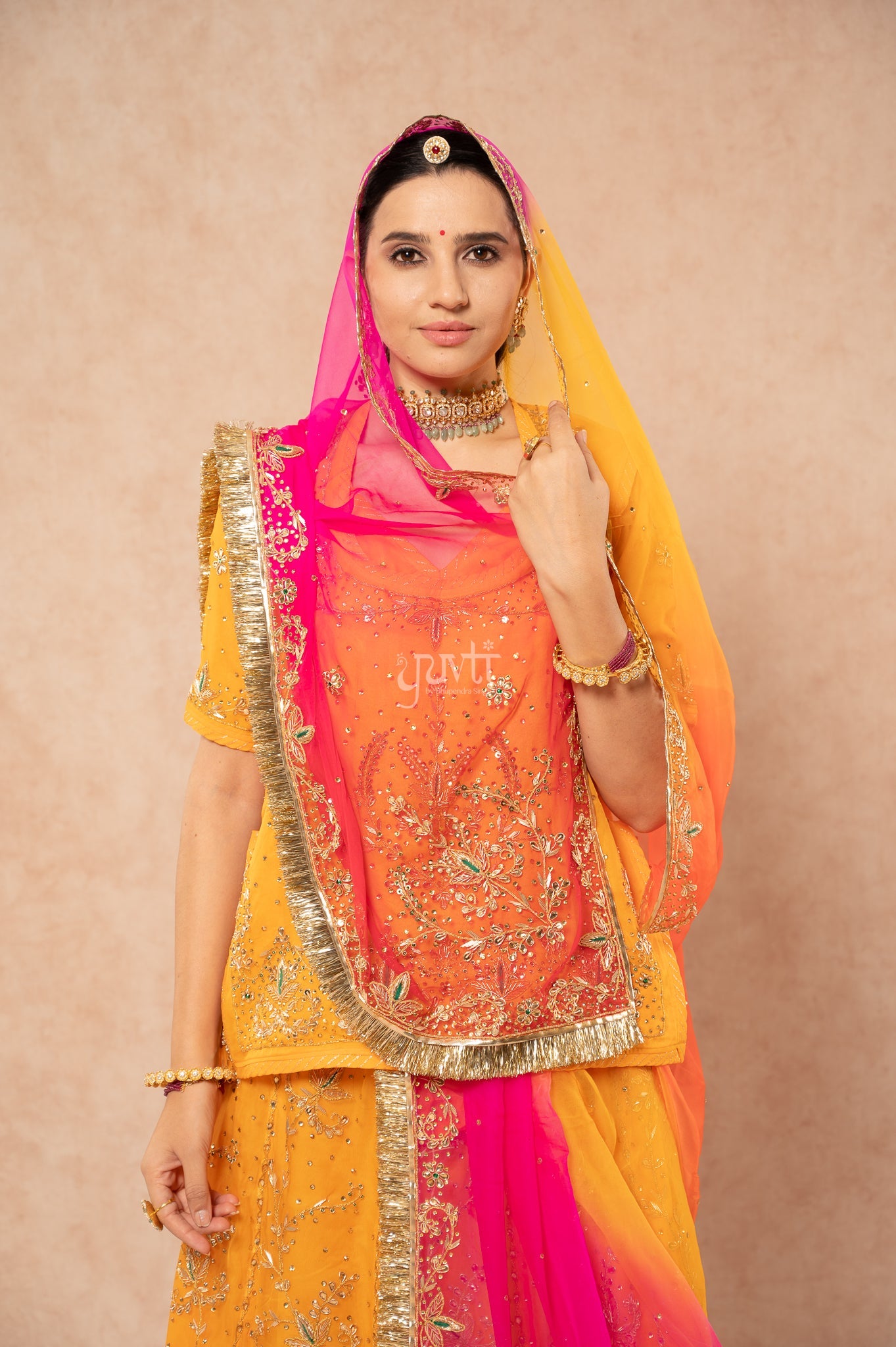 Yellow Pure Georgette Zardozi Handwork Poshak with Pure Multi Odhana (unstitched)