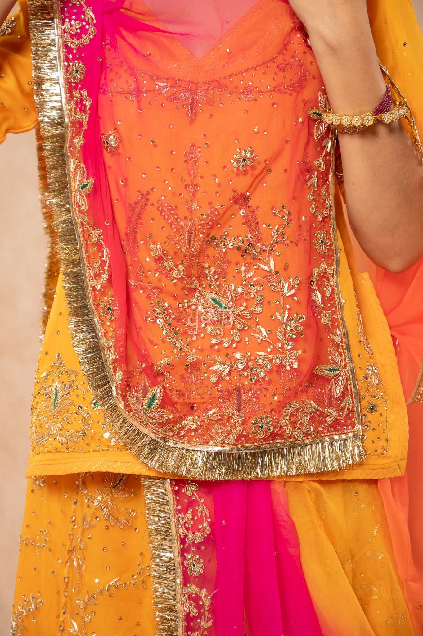 Yellow Pure Georgette Zardozi Handwork Poshak with Pure Multi Odhana (unstitched)