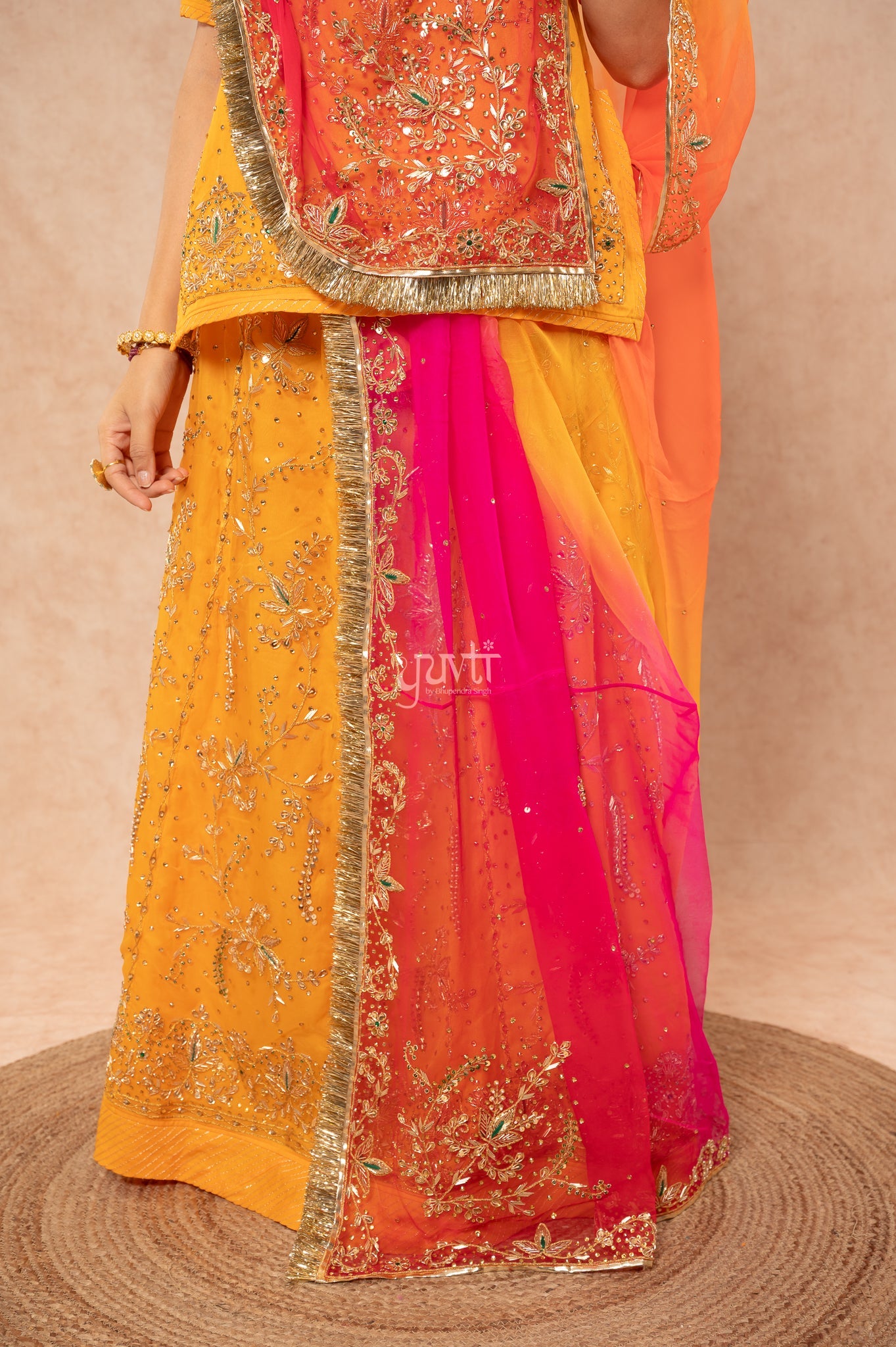 Yellow Pure Georgette Zardozi Handwork Poshak with Pure Multi Odhana (unstitched)