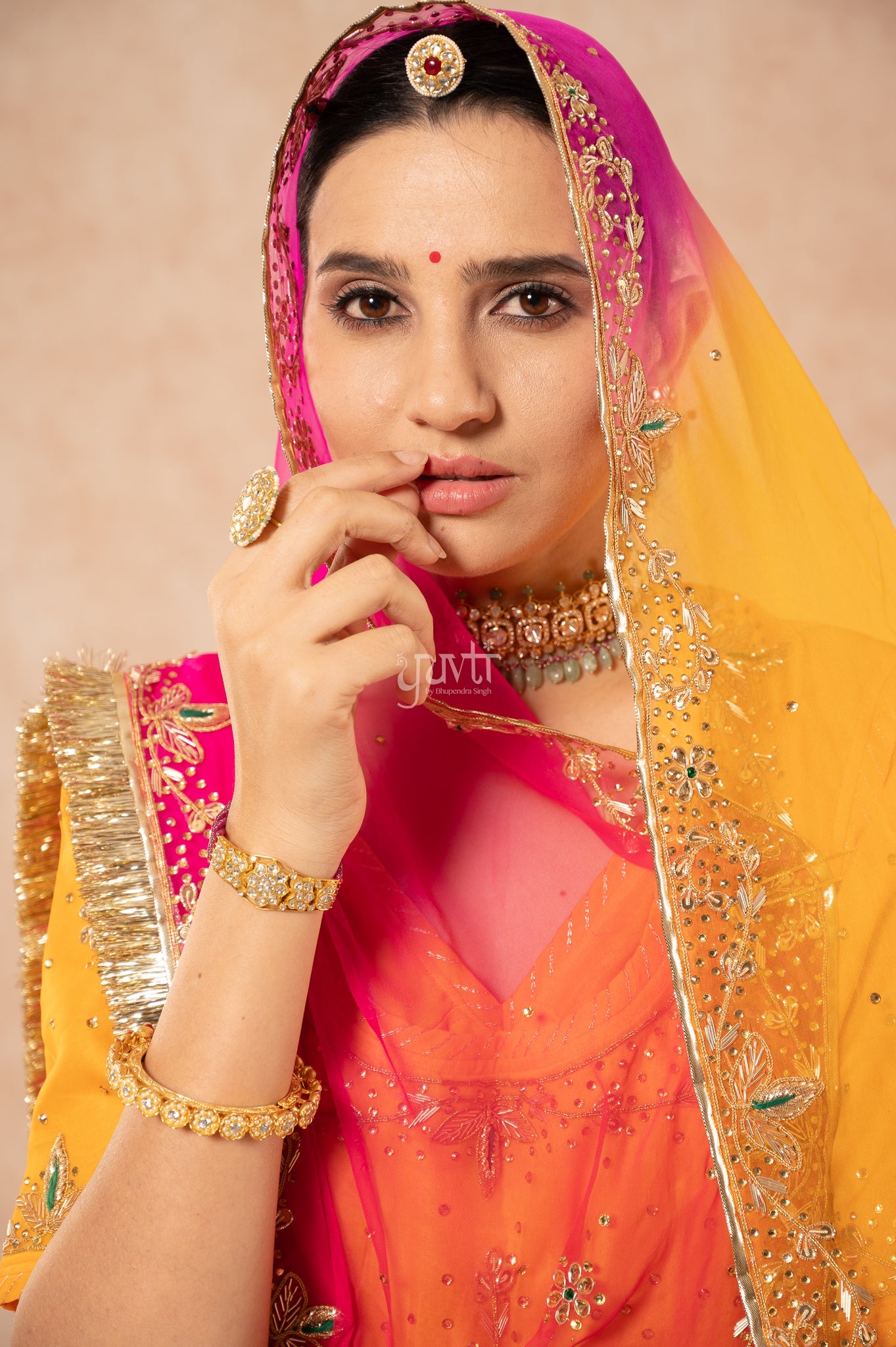 Yellow Pure Georgette Zardozi Handwork Poshak with Pure Multi Odhana (unstitched)