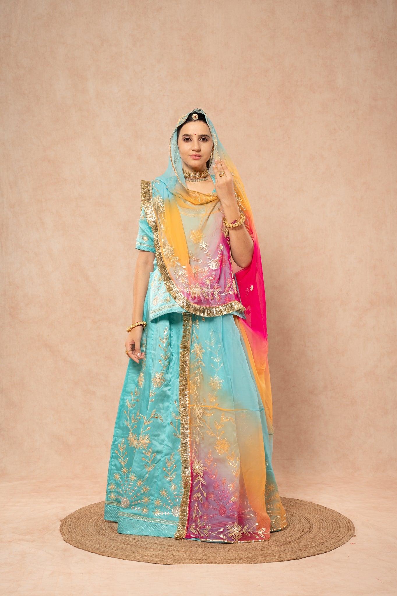 Sky Blue Bamber Satin Sikhiya Gotta Pitan work Poshak with Pure Multi Colour Odhana (unstitched)