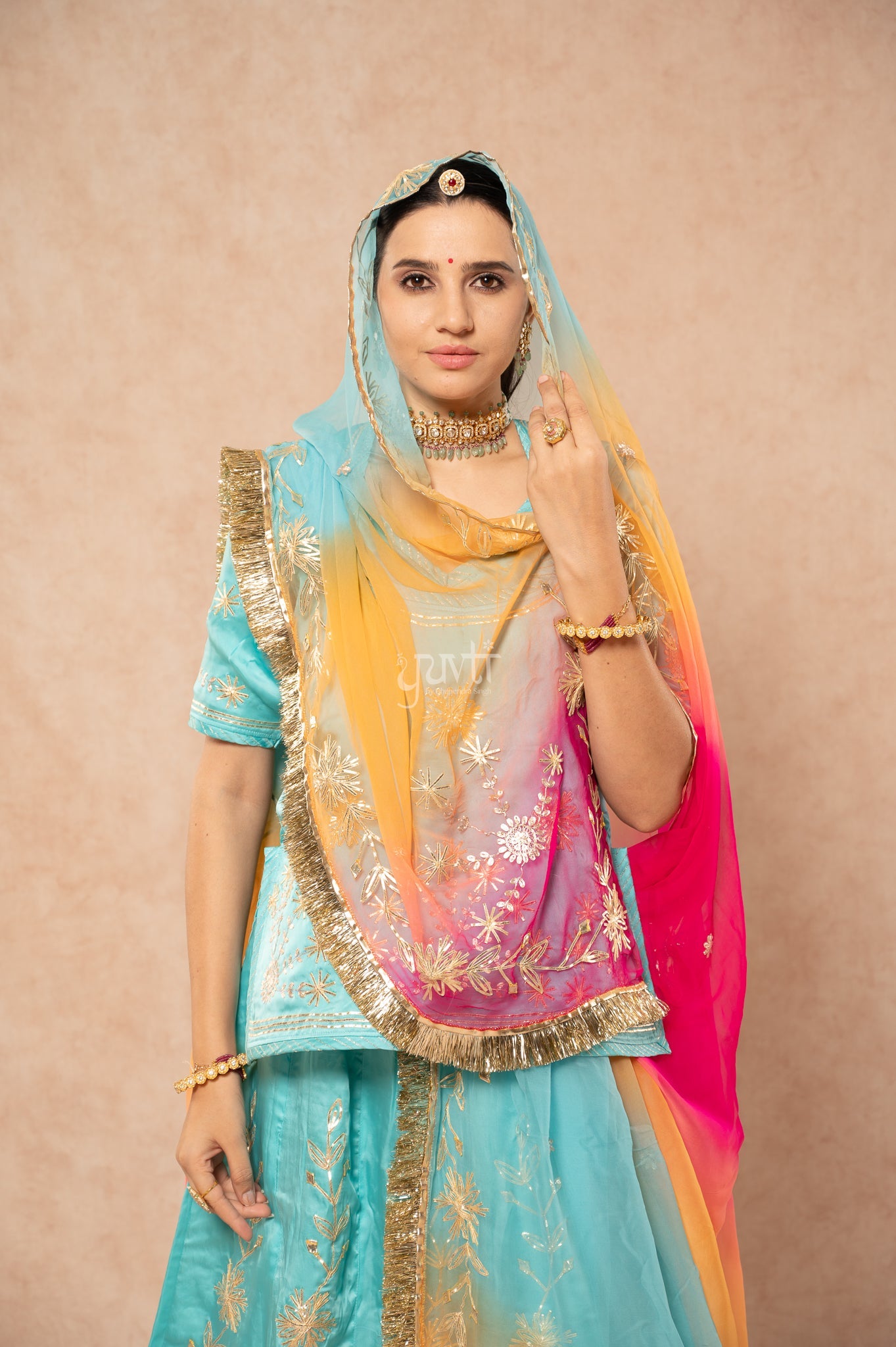 Sky Blue Bamber Satin Sikhiya Gotta Pitan work Poshak with Pure Multi Colour Odhana (unstitched)