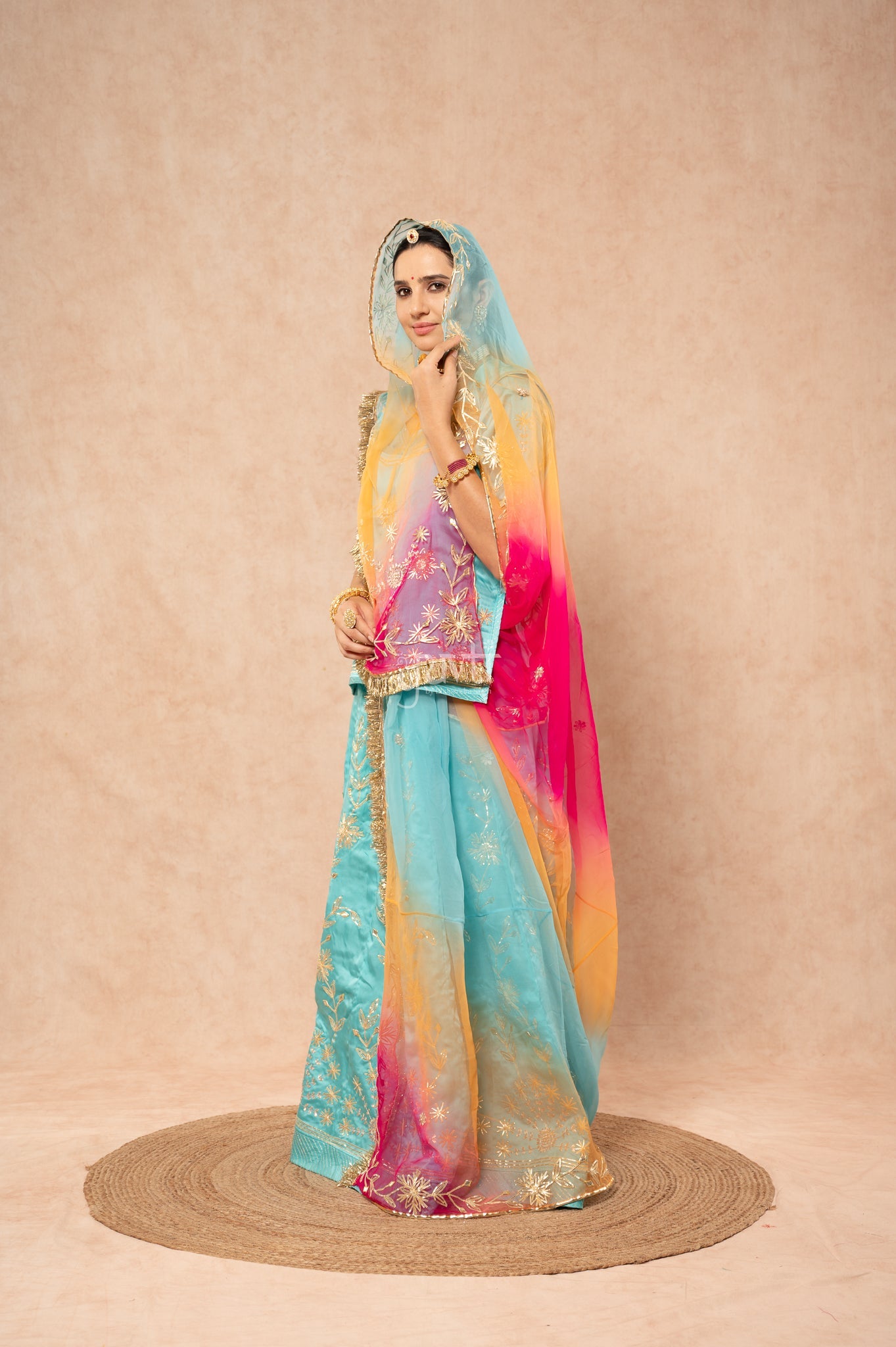 Sky Blue Bamber Satin Sikhiya Gotta Pitan work Poshak with Pure Multi Colour Odhana (unstitched)