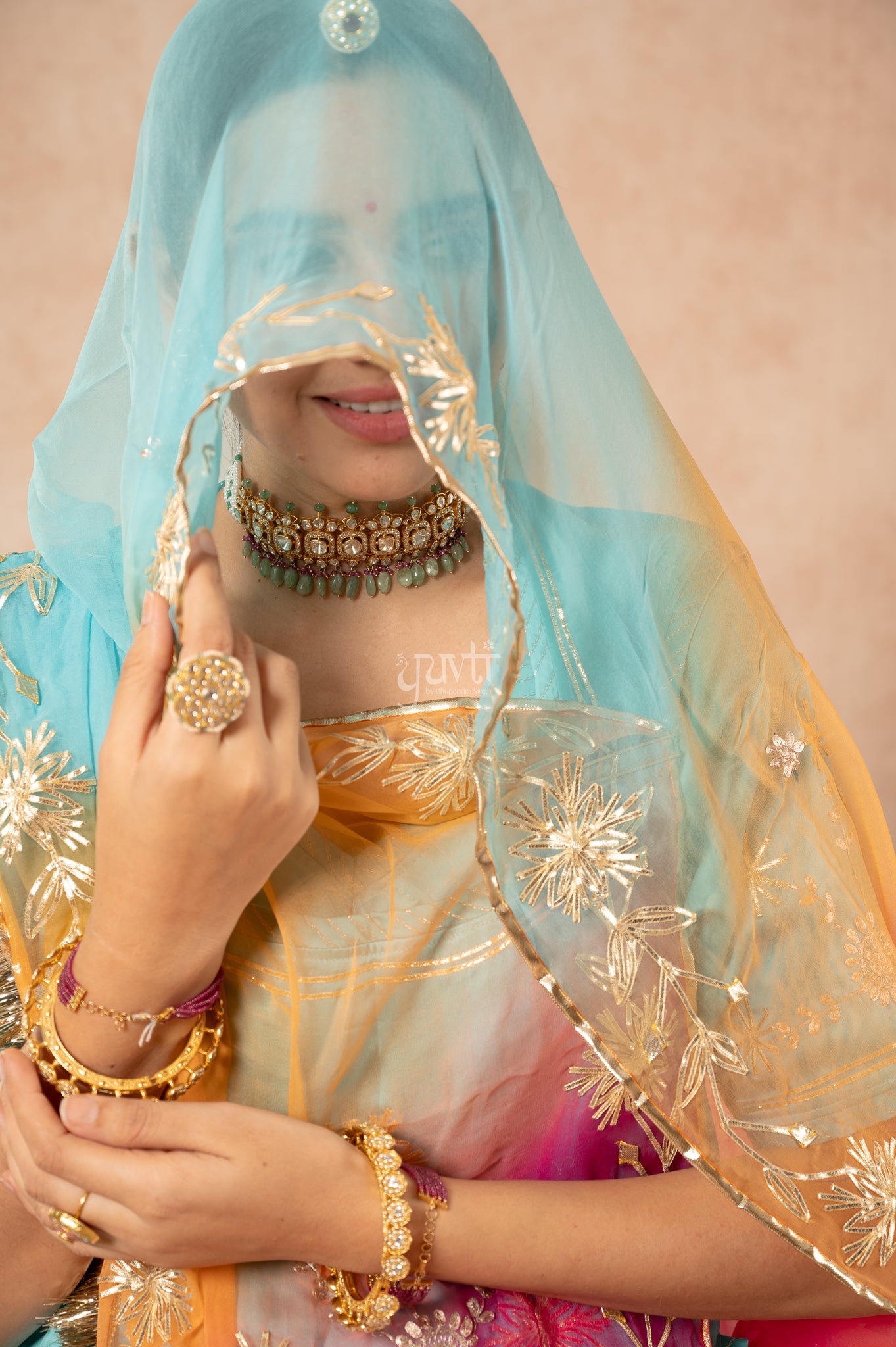 Sky Blue Bamber Satin Sikhiya Gotta Pitan work Poshak with Pure Multi Colour Odhana (unstitched)