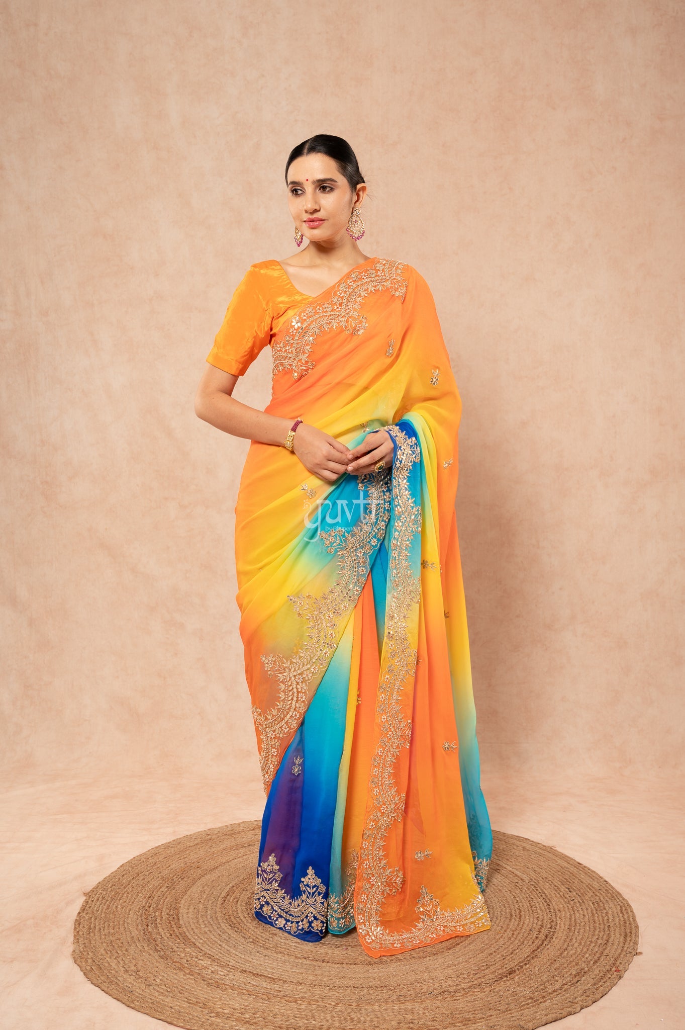 Orange Yellow Blue Shaded Pure Chiffon Gota Patti Zardozi Border Butti handwork Party wear Saree with Blouse