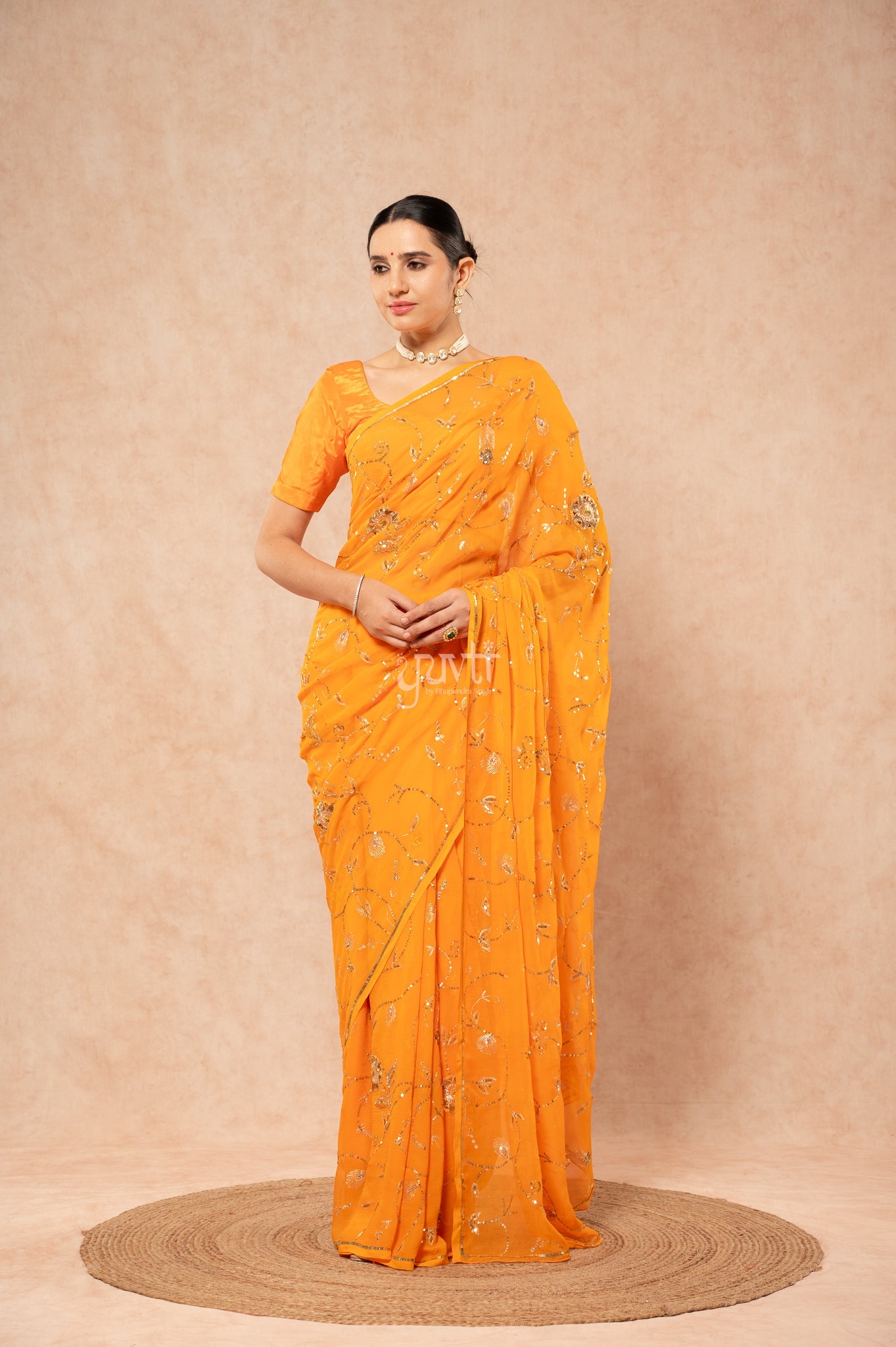 Kesariya Shaded Pure Chiffon Aari Sequins Jaal Handwork Party wear Saree with Blouse