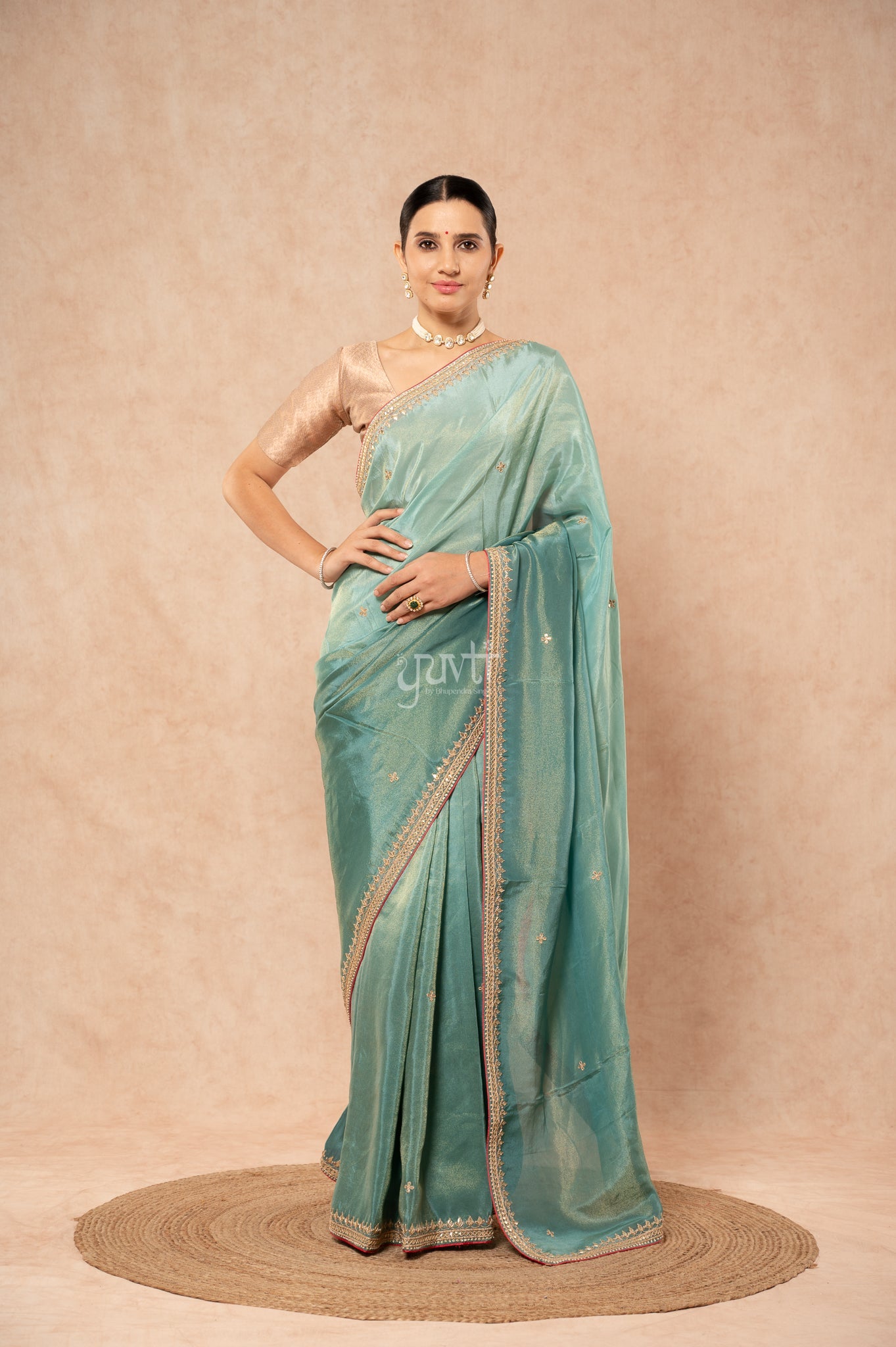 Greyish Green Viscose Tissue Gotta Patti Border Butti Handwork Saree with Blouse