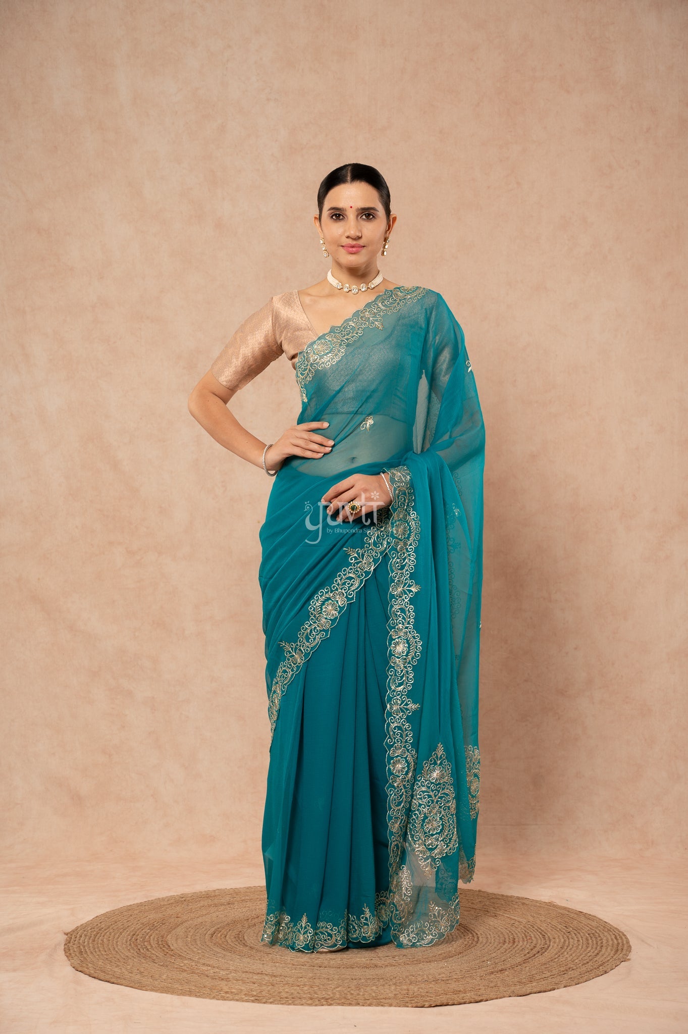 Rama Viscose Chiffon Aari Sequins Kardana Border Motifs ( Butti ) Handwork Saree with Blouse