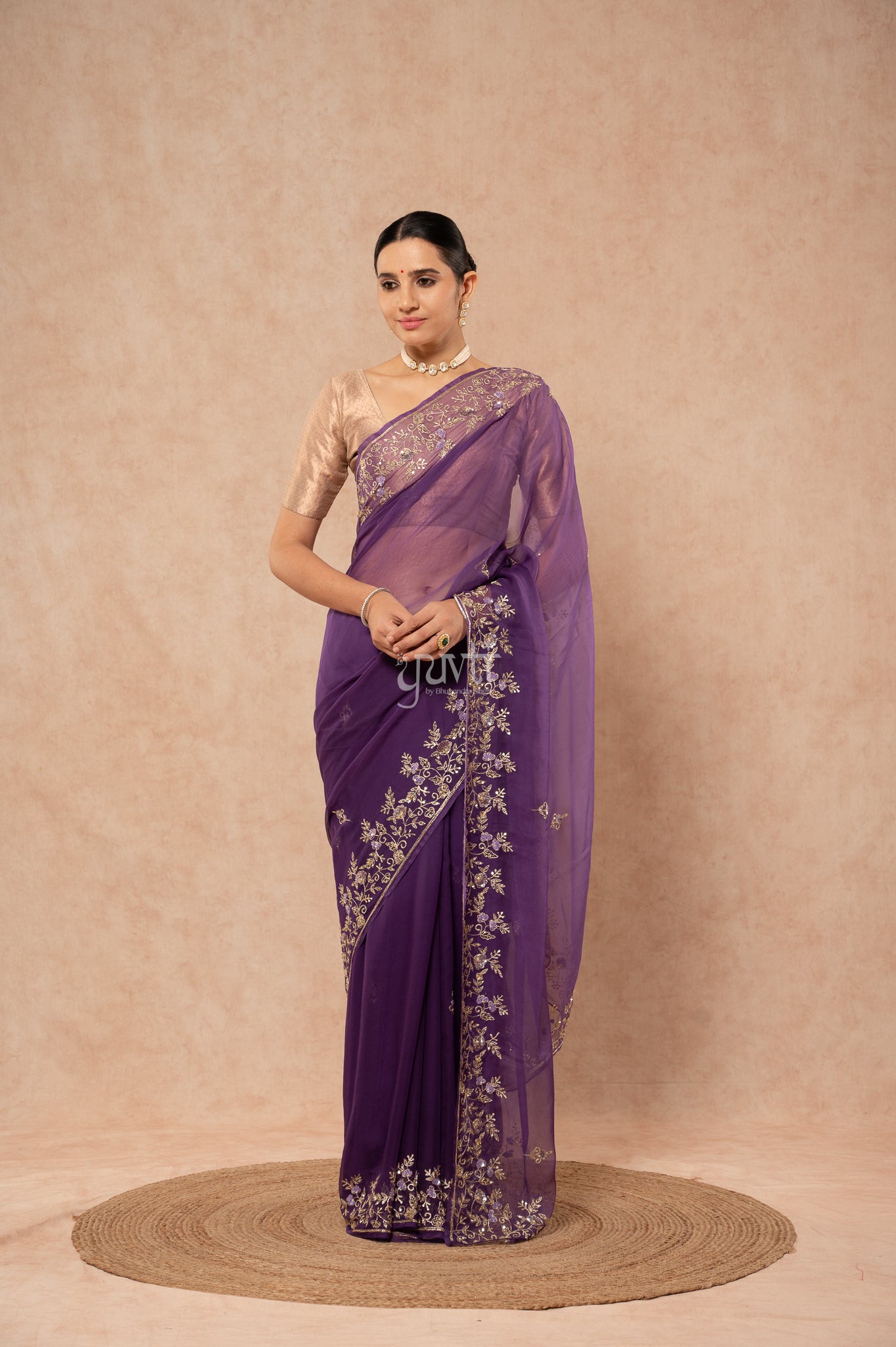 Blue Viscose Chiffon Aari Sequins Border Jaal Handwork Party wear Saree with Blouse