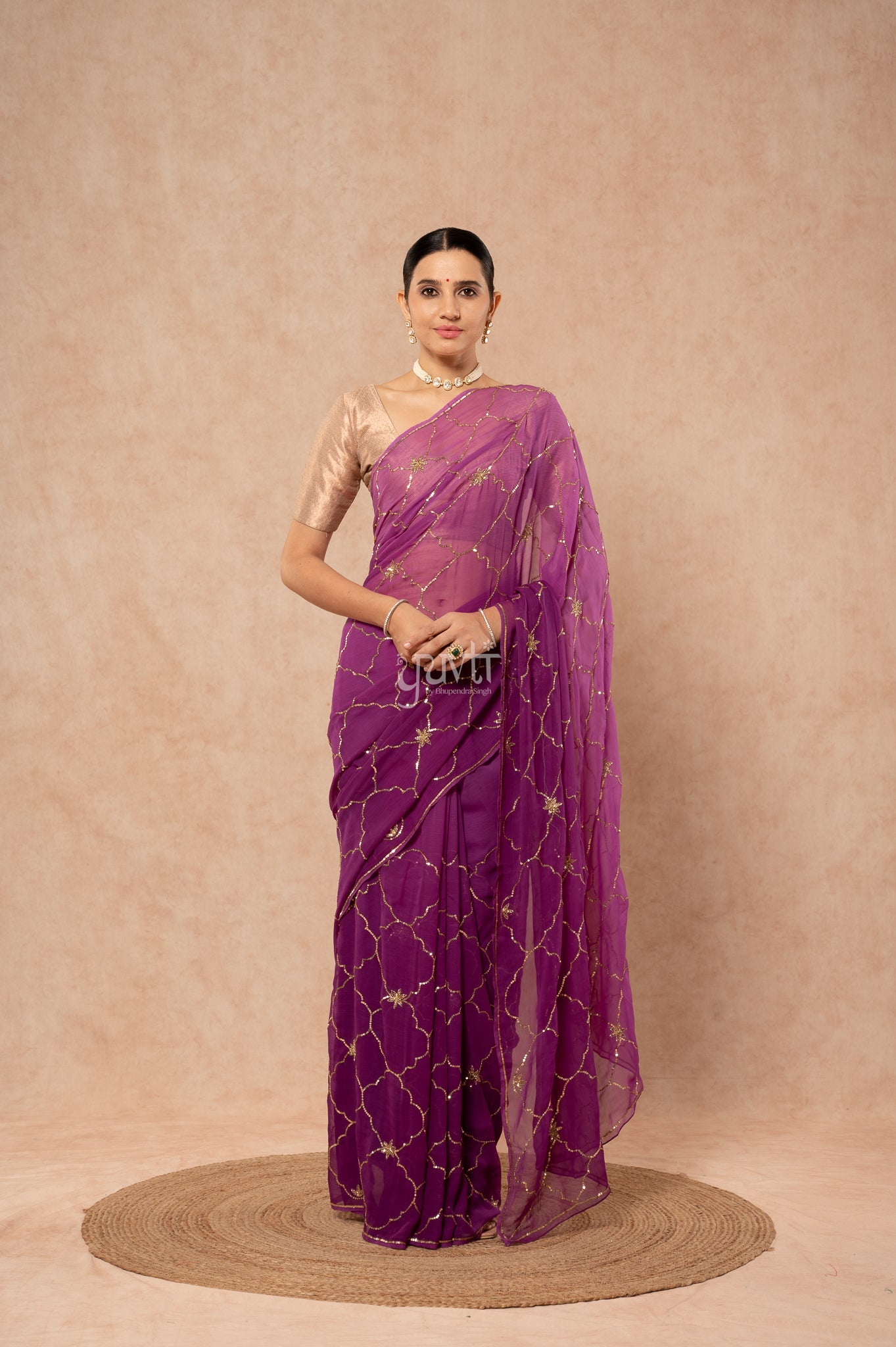 Purple Shaded Viscose Chiffon Kardana Sequins Jaal Handwork Saree with Blouse