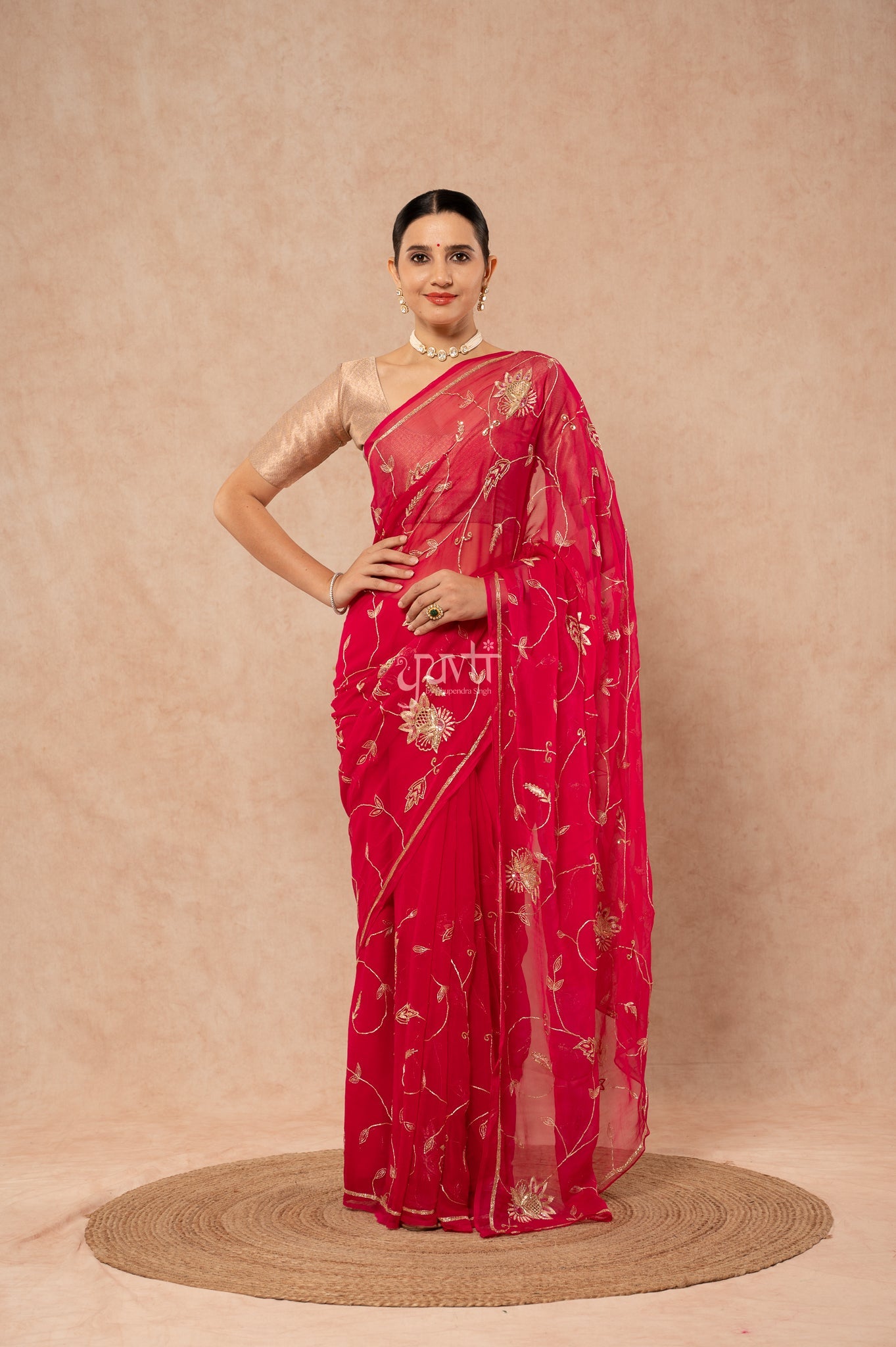 Rani Viscose Chiffon Aari Sequins Jaal Handwork Party wear Saree with Blouse