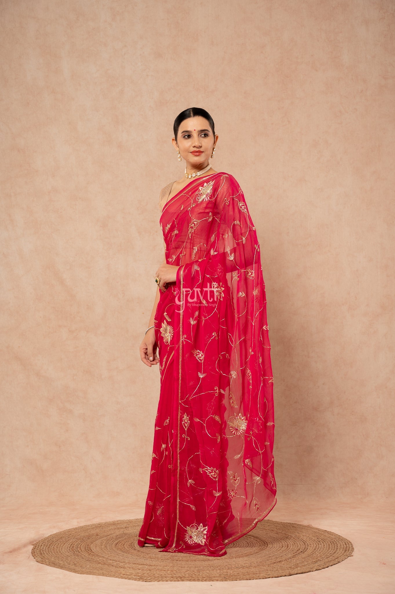 Rani Viscose Chiffon Aari Sequins Jaal Handwork Party wear Saree with Blouse