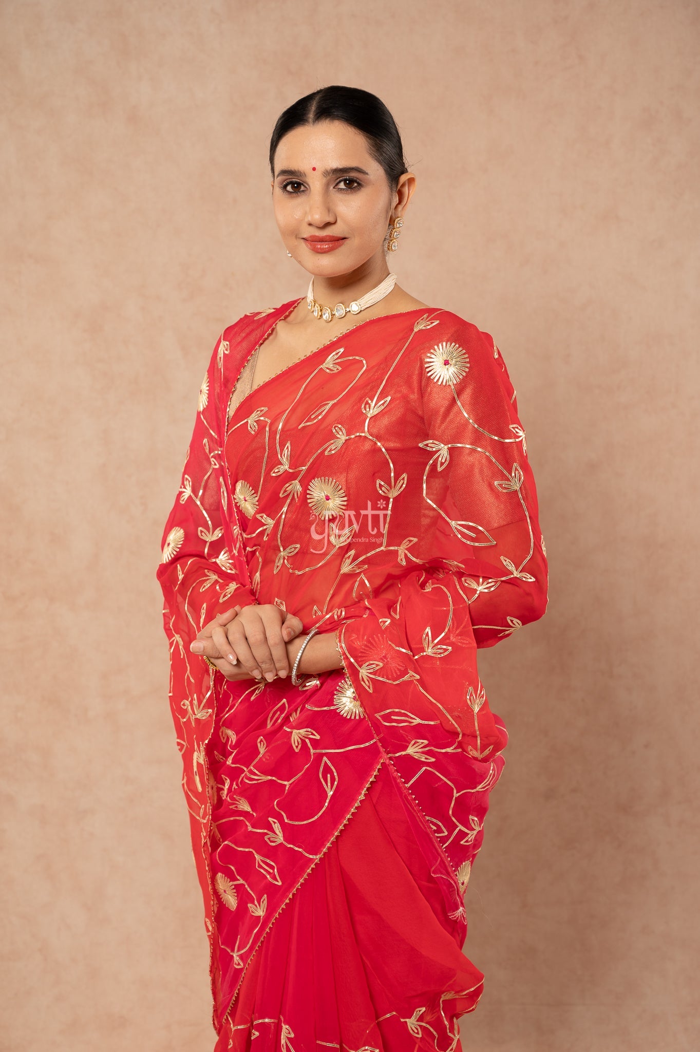 Red Rani Shaded Viscose Chiffon Sikhiya Gotta Jaal Saree with Blouse