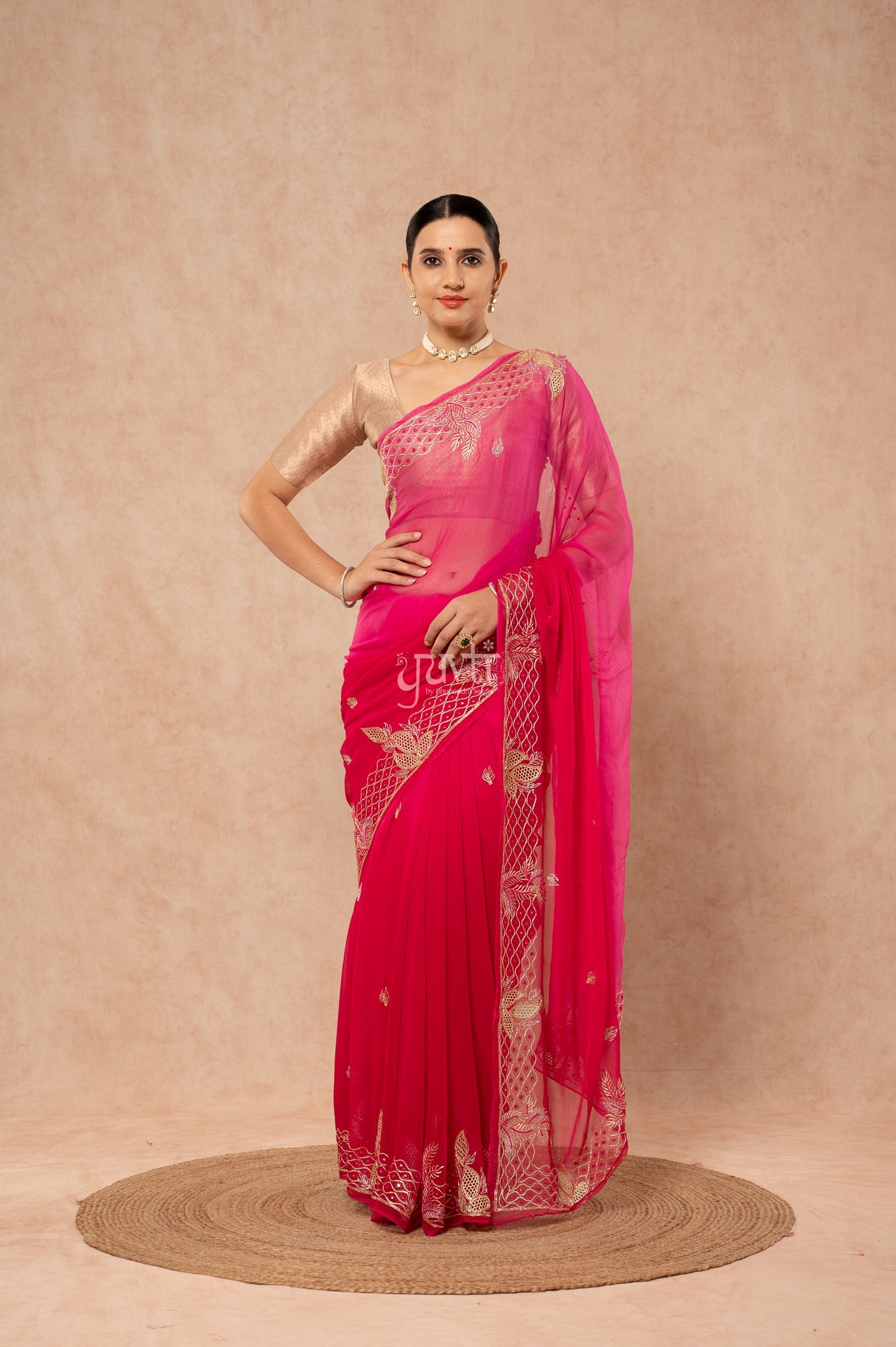 Rani Shaded Viscose Chiffon Aari Resham Sequins Cutwork Border Butti handwork Saree with Blouse