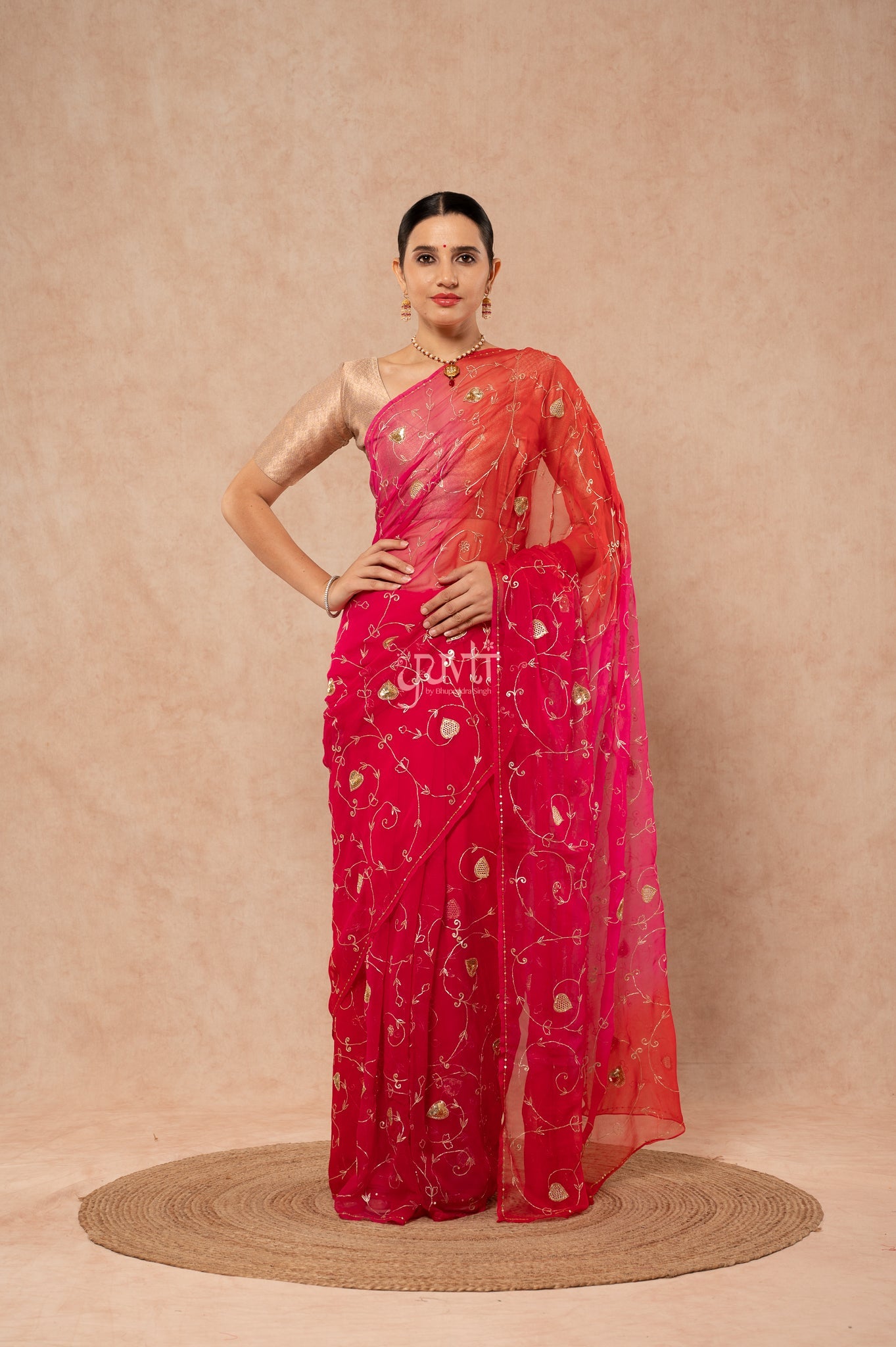 Red Rani Shaded Viscose Chiffon Aari Sequins Jaal Handwork Saree with Blouse