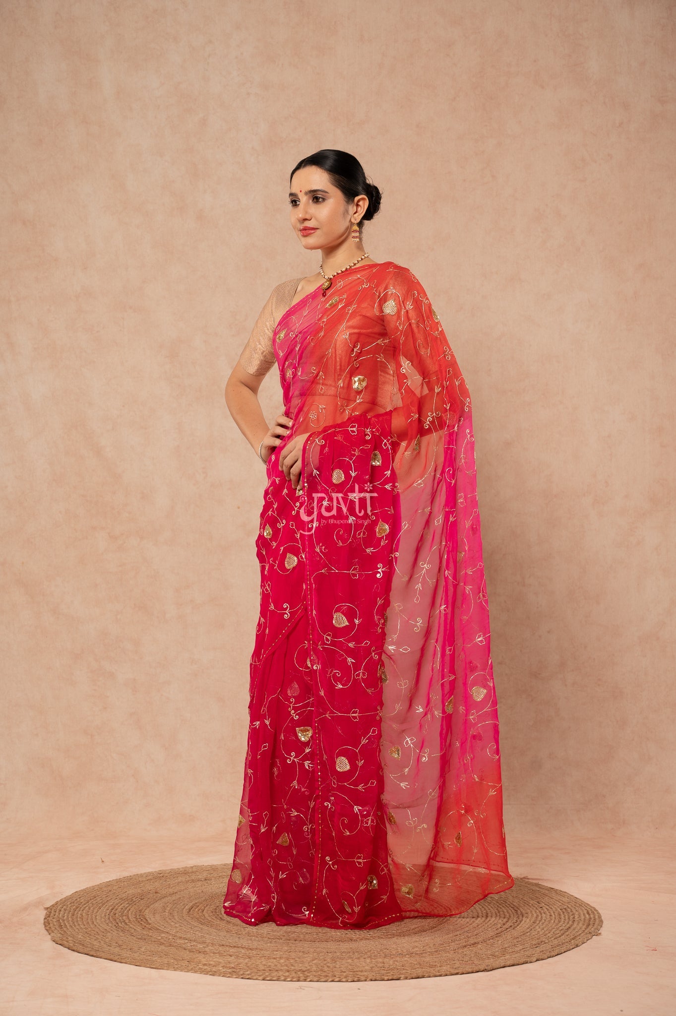 Red Rani Shaded Viscose Chiffon Aari Sequins Jaal Handwork Saree with Blouse
