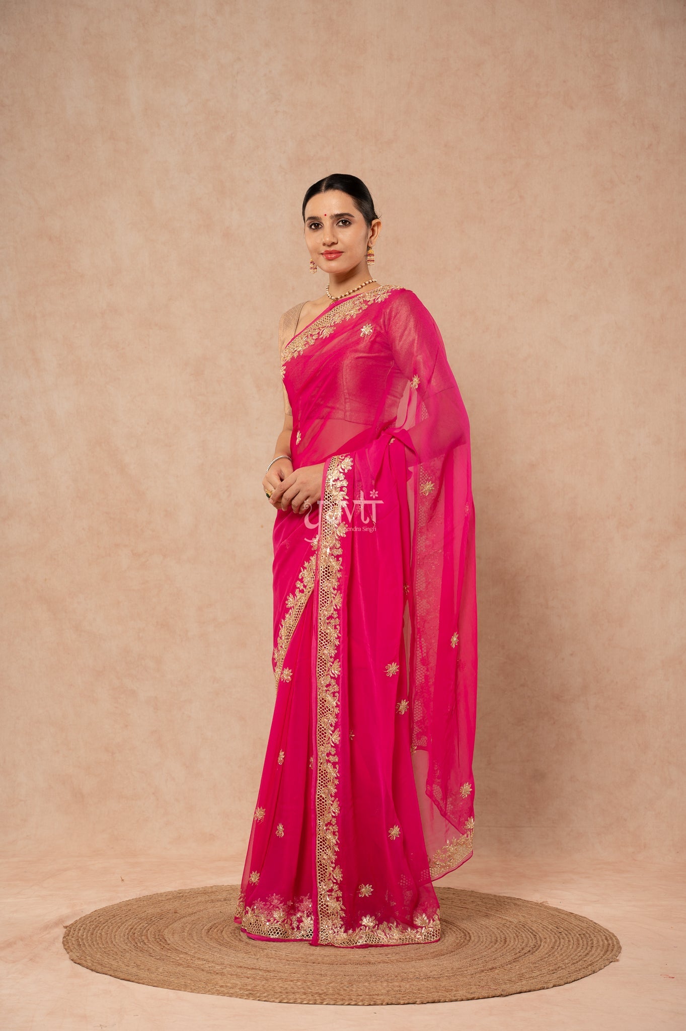 Rani Shaded Viscose Chiffon Aari Sequins Zardozi Cutwork Border Butti Handwork Party Saree with Blouse