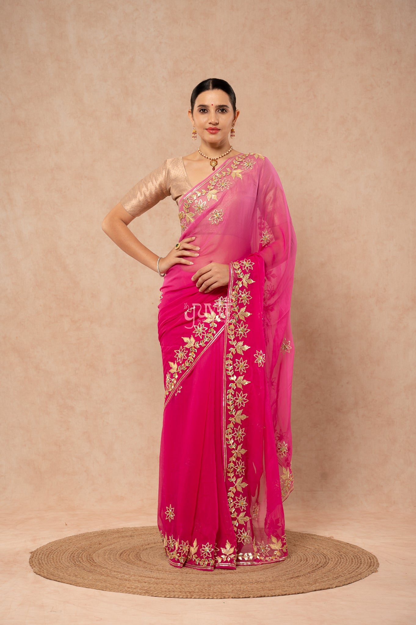 Wine Shaded Viscose Chiffon Sikhiya Gotta Patti Border Butti Saree with Blouse