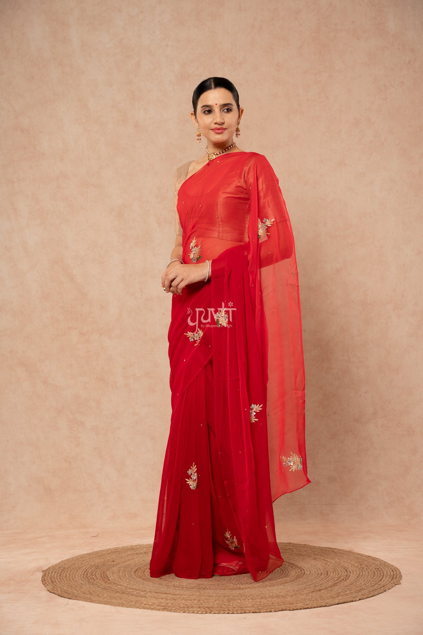 Red Shaded Viscose Chiffon Aari Sequins Resham Kardana Handwork Saree