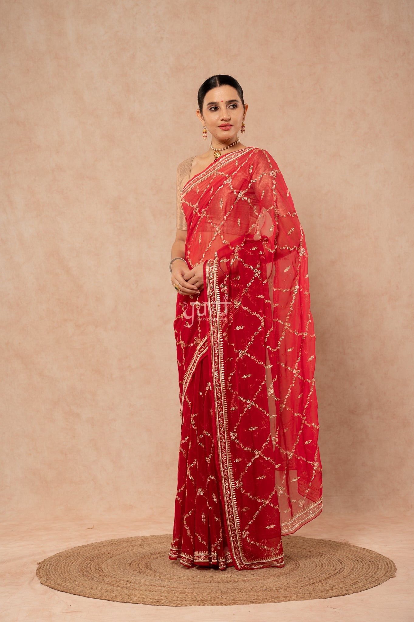 Red Viscose Chiffon Aari Border Jaal Handwork Party wear Saree with Blouse